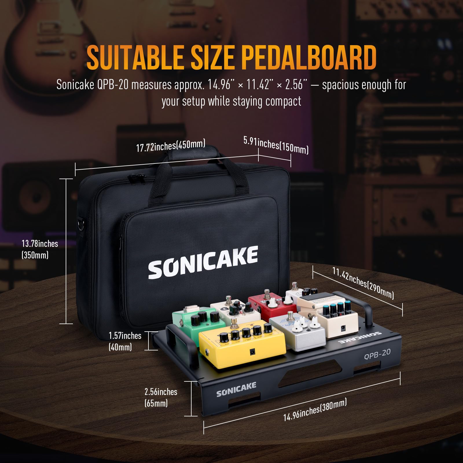 SONICAKE Pedaliera Mini per Chitarra in Alluminio Pedalboard per Effetti per Chitarra 38 x 29 x 6.5 cm con Borsa, Nastro Pedaliere e Fascette Nero QPB-21
