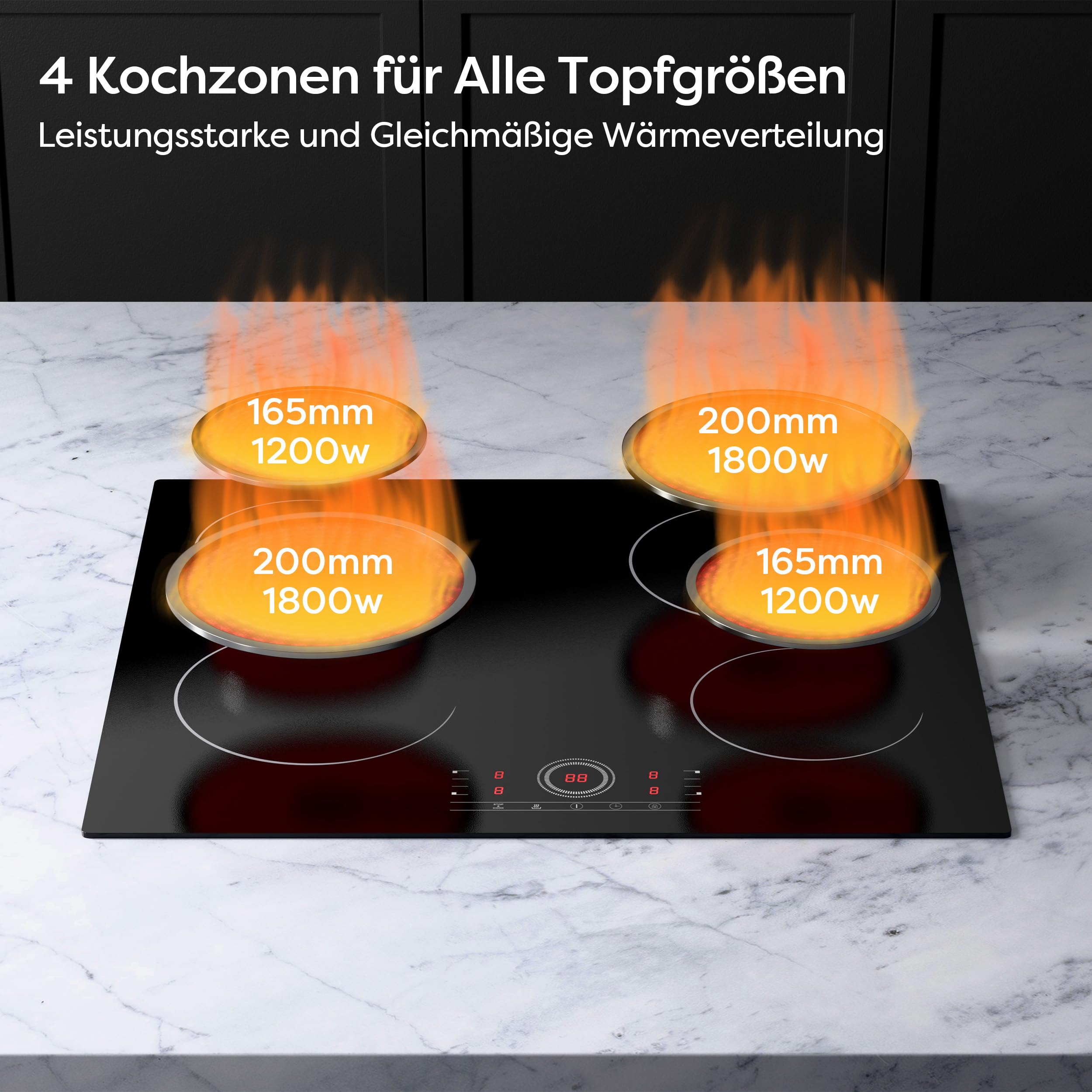 CDV Einbau Glaskeramikkochfeld 4 Platten 59 cm 6000 W | Autarkes Kochfeld mit 99-Min-Timer, 9 Leistungsstufen, Touch-Steuerung, Kindersicherung und Geeignet für Flache Töpfe
