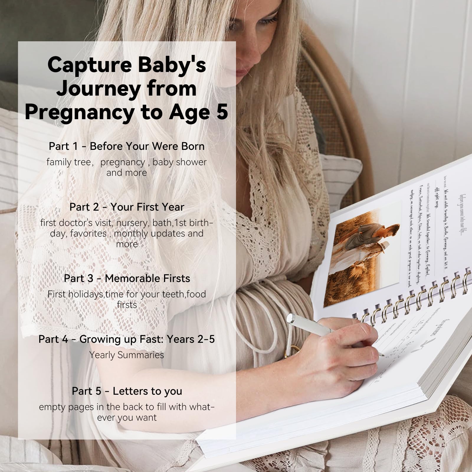 Timeless First 5 Years Keepsake Baby Memory Book para niño o niña, cubierta de lino de lujo, páginas libres de ácidos, diario neutro para bebé, libro de hitos o álbum de recortes, graba tu historia