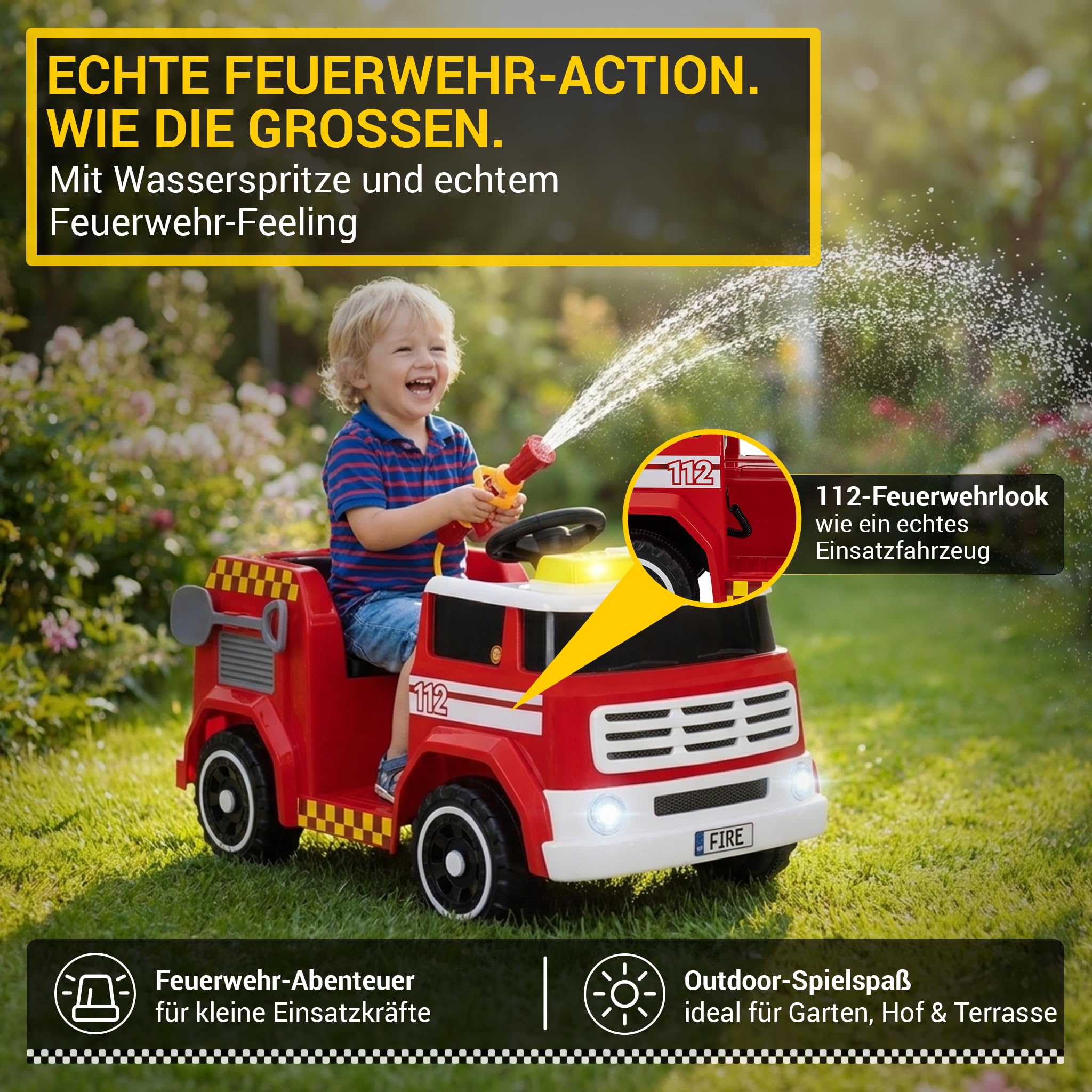 Actionbikes Motors Kinder Elektroauto LF112 | 2,4 Ghz Fernbedienung | Feuerwehrauto | Spielzeugauto | Kinderauto elektrisch | Elektrofahrzeuge | Feuerwehr | Elektro Auto für Kinder ab 3 Jahre