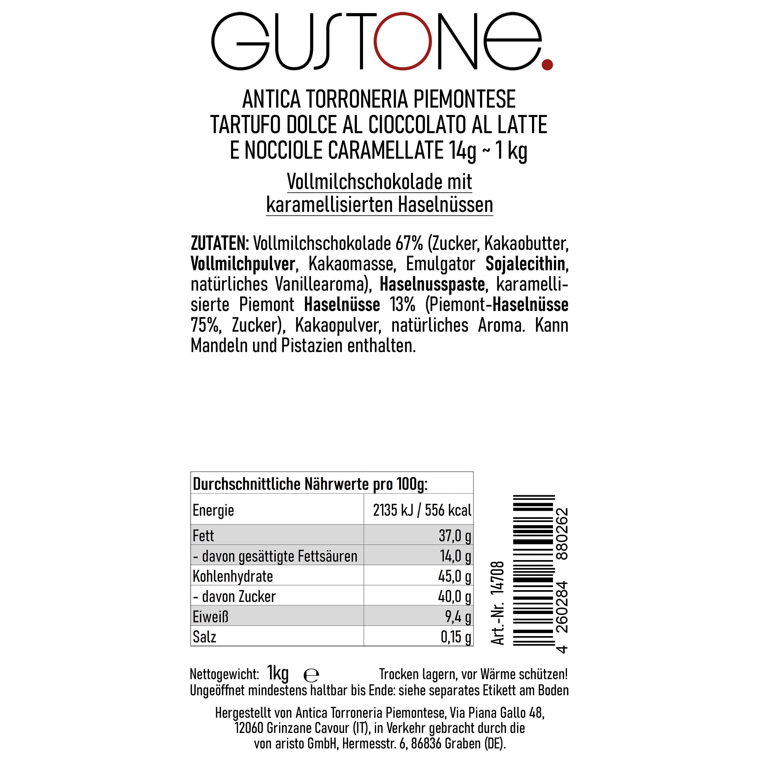 GUSTONE. Tartufi dolci al cioccolato al latte e nocciole caramellate | Antica Torroneria Piemontese | Edle Trüffel Praline aus Italien | Schokoladen Trüffel mit Vollmilch Schokolade | 1 kg Großpackung