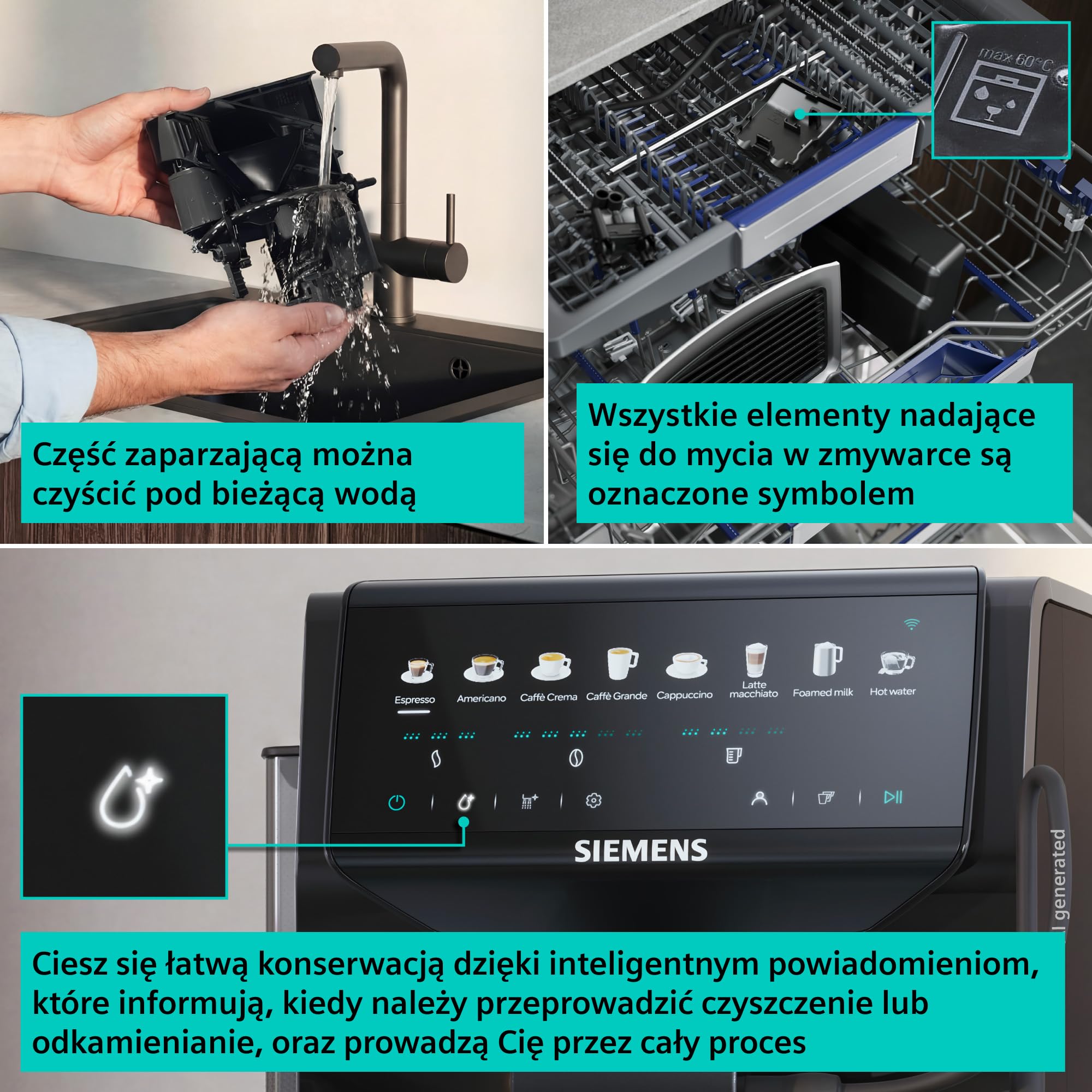 Siemens EQ500 iAroma, w pełni automatyczny ekspres do kawy ze zintegrowanym młynkiem, dotykowe sterowanie dla 8 napojów i szybka personalizacja, łatwe czyszczenie, czarny, TP553E19