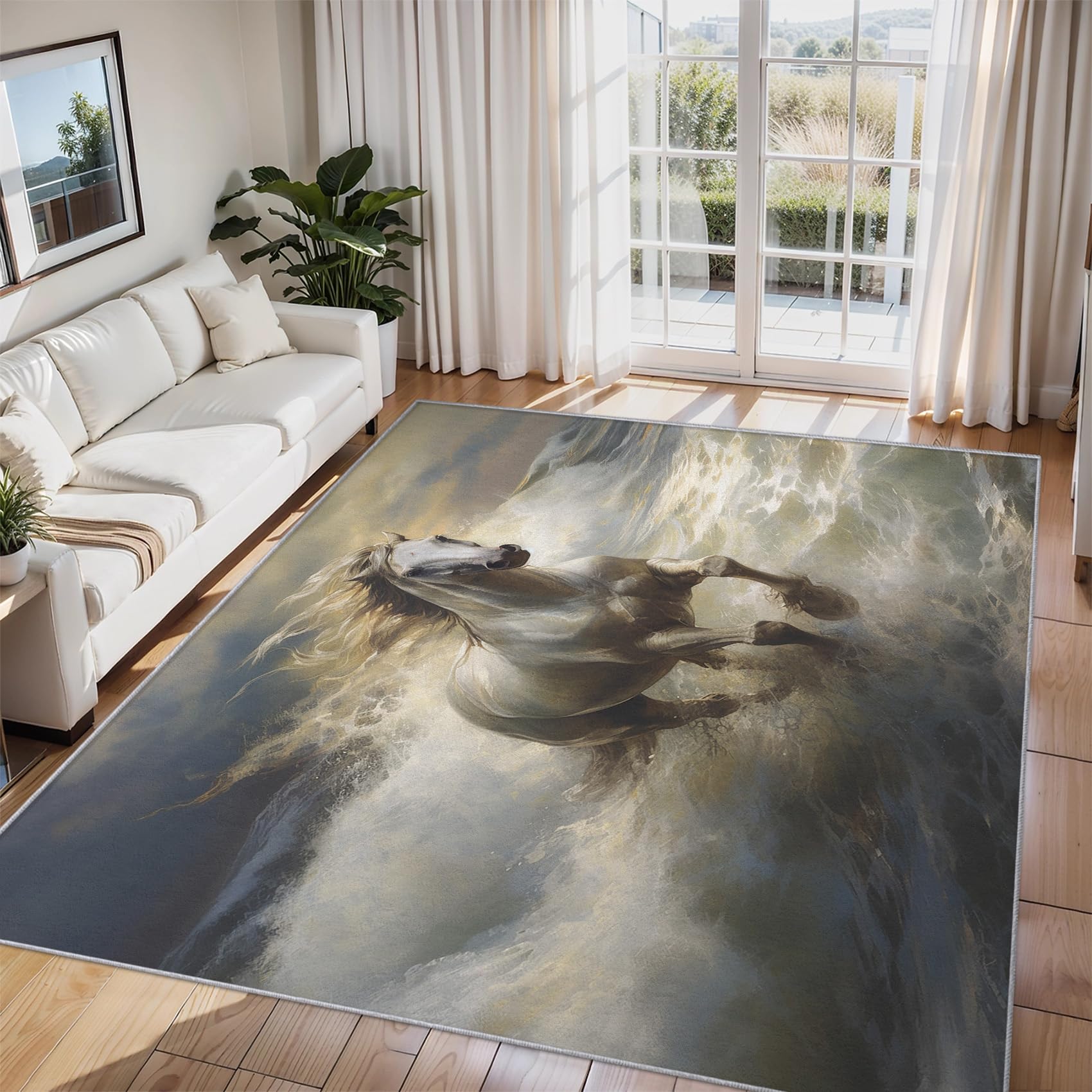 White Horse Rugs Living Room Large 160x230, Running Horse Area Rugs for Bedroom Accessories, Non Slip Soft Low Pile Washable Carpet, Home Decor Pzw7