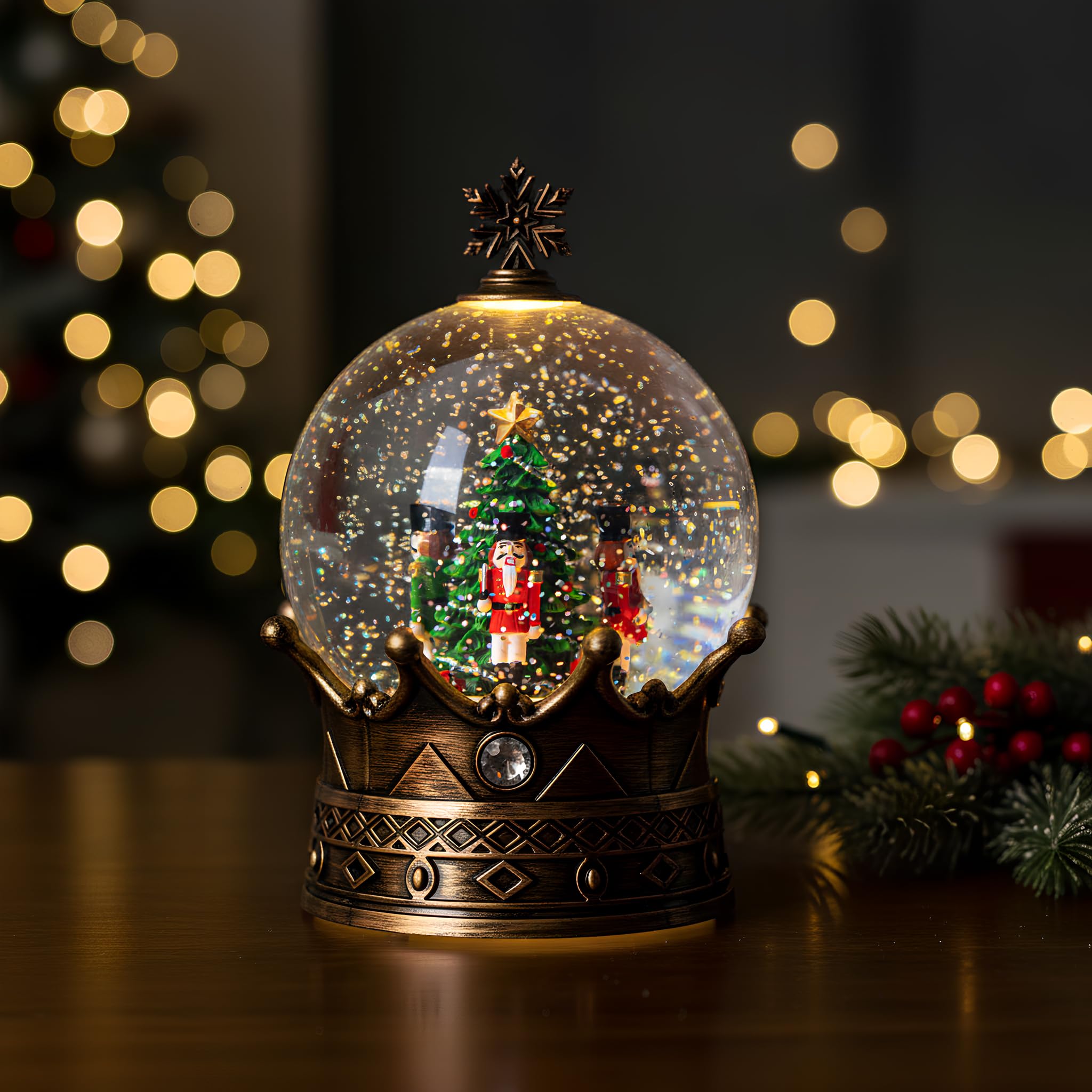 Boule à Neige Casse-Noisette, Lanterne à Eau Musicale en Forme de Couronne avec Paillettes tourbillonnantes, décoration de Noël et Cadeau, Fonctionne avec Piles ou USB