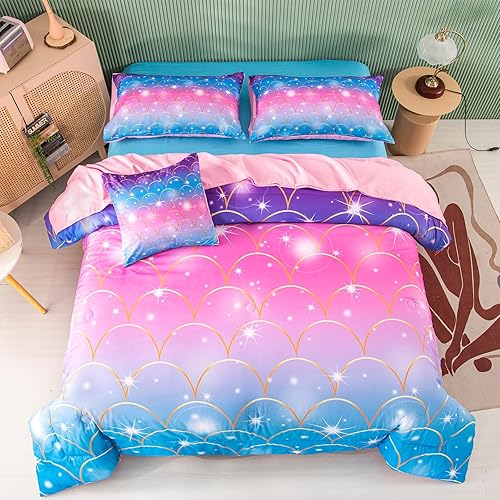 PERFEMET Blue Pink Mermaid Tail Girls Bedding Set, 6 Pcs Colorful Rainbow Queen Size Comforter Set with Sheets, Sparkle Glitter Tie Dye Teen Girl Bed in A Bag Kids Bed Sets