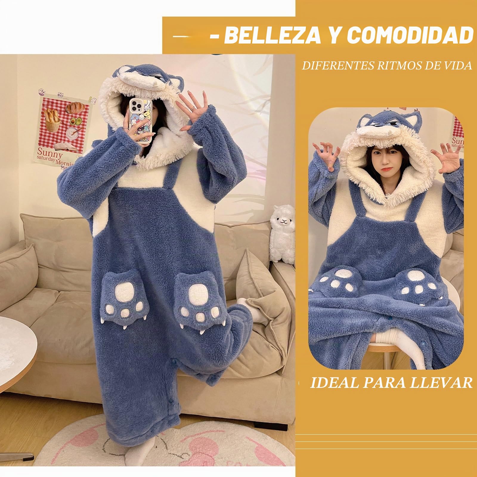 Pijama de forro polar para mujer, pijama de una pieza con capucha de franela cálida y esponjosa, azul, L