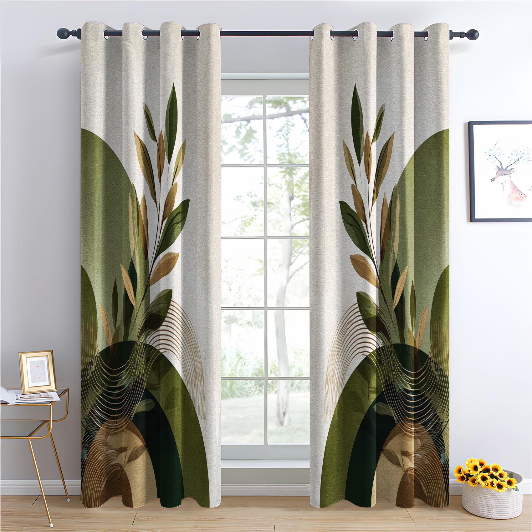 Venivici Green White Mid Century Modern Blackout Curtains For Bedroom Living Room - 84 Inch Drop Curtains Eyelet, Green Leaf Geometric Patterned Window Treatments, Thermal Insulated Drapes 52X84 2 Panels