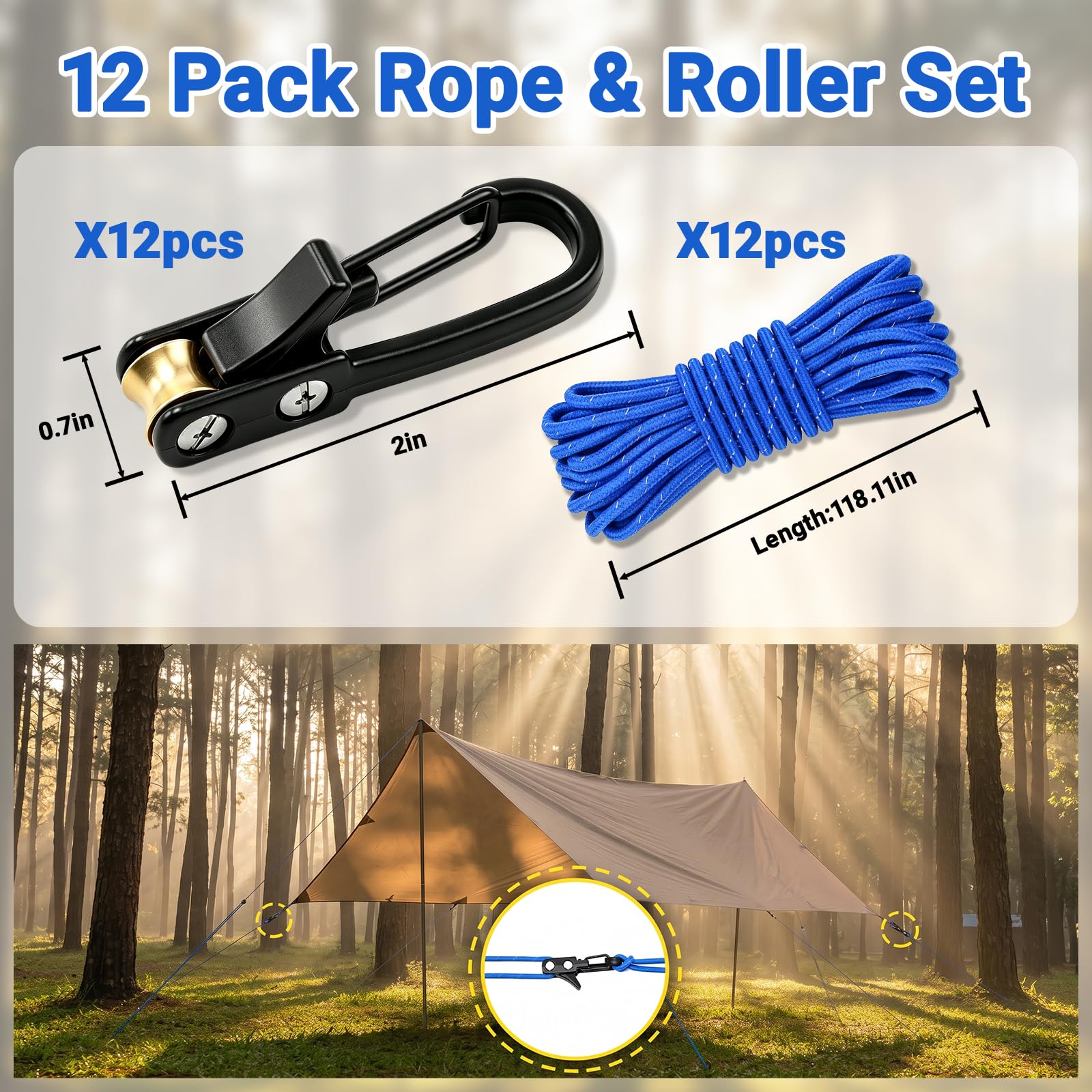 Wayona 12 x Seil mit Rollenspanner, Schnur und Seilspannwerkzeug, verstellbar, für Camping, Paracord-Spanngurt, Bootfahren, Zelt, Zuhause, Outdoor