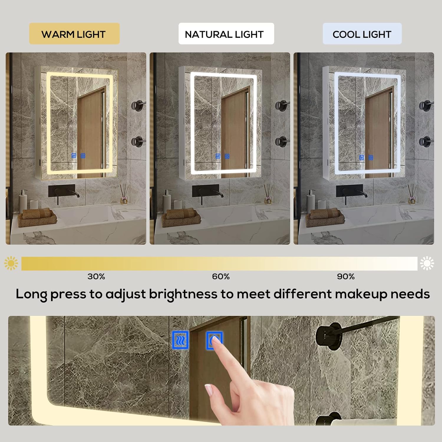 VOWNER Anti-Fog Lighted Bathroom Medicine Mirror Cabinet, Medicine Cabinet with Mirror and Lights, Dimmable, Adjustable Shelves, Memory 3-Color Mode(Engineered Wood, 24"×32")