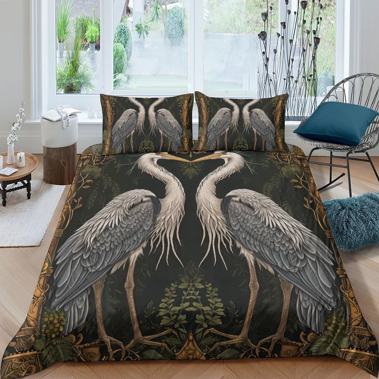 Ctjqhvkz Style-2 3D Printed Heron Forest Fitted Sheet Microfiber Soft Breathable Crane Bed Cover For Bedroom Decor Mattress Protection Single（135X200cm）
