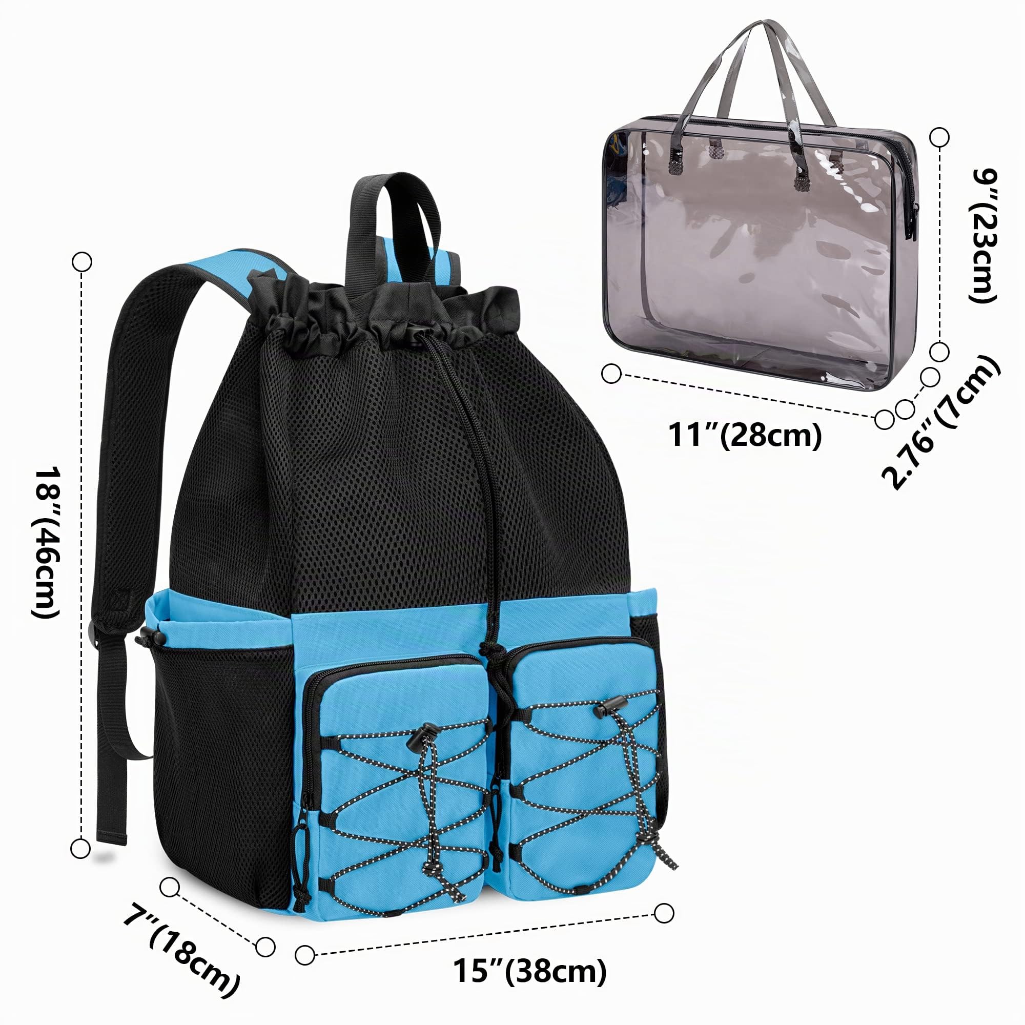 Fasrom Sac à Dos de Plage en Maille avec Poche Imperméable et Fond Zippé | Avec Séparation Humide et Sec, 2 Poches Devant Zippées, 1 Poches Filet et Mousquetons pour Voyage, Gym et Piscine
