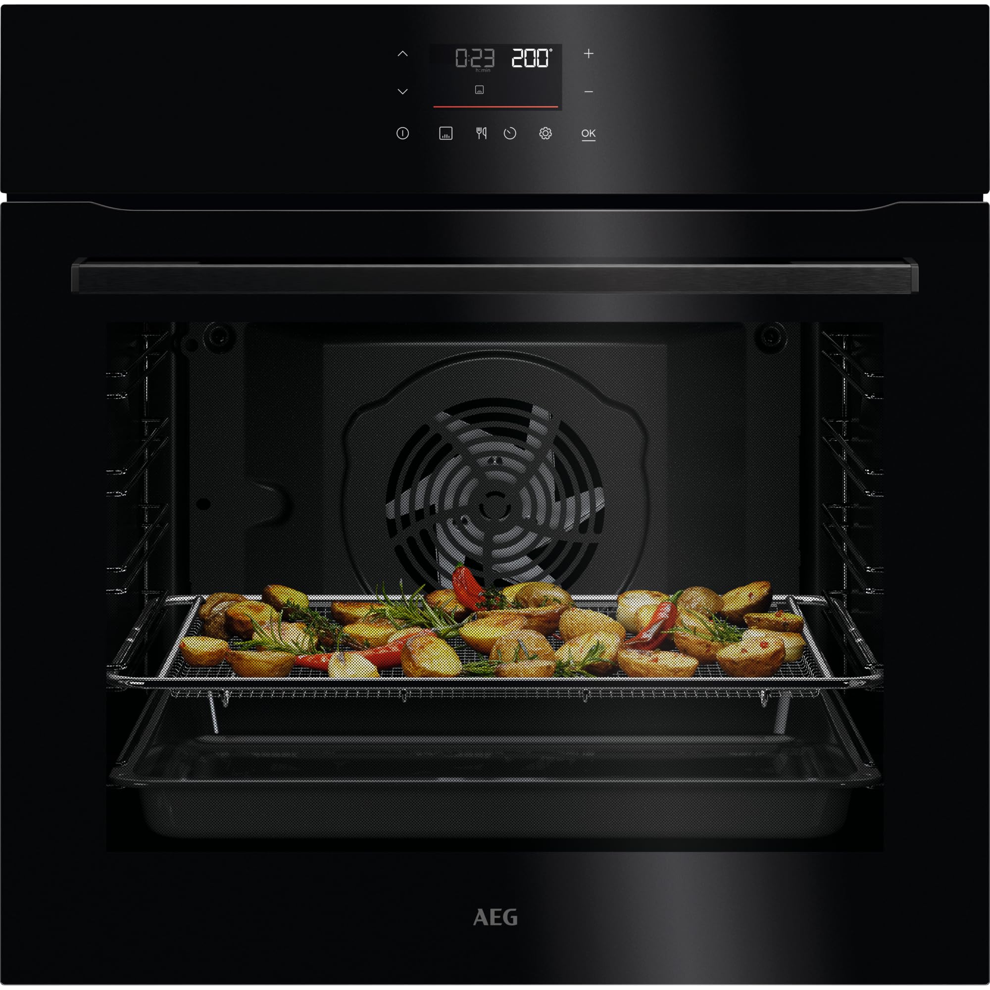 AEG 5000 Series Integrated Built-In Oven OU5PB40PK, 72 L Capacity, SurroundCook Multilevel Cooking, Pyrolytic Self-Cleaning, EXPlore+ Touch LED Display, 30–300°C, 594x596x569mm, Class A++, Black