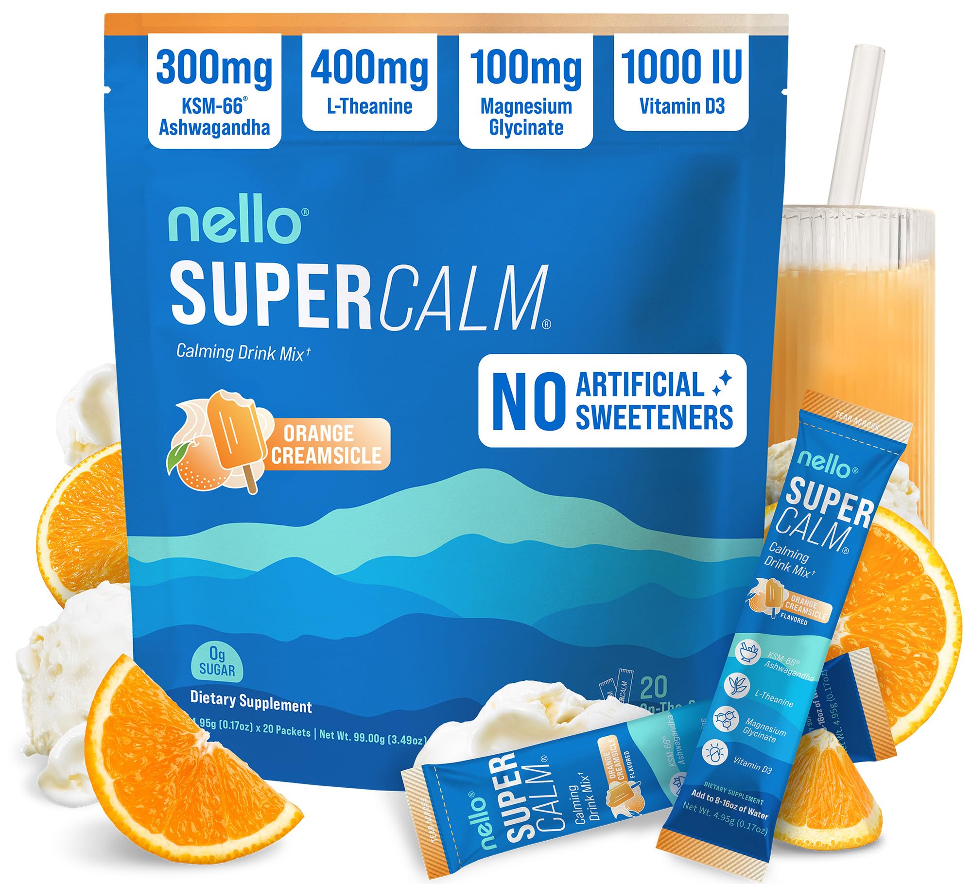 Nello Supercalm Powdered Drink Mix, Cortisol Reducer* and Sleep Aid Supplement, L Theanine, Ksm-66 Ashwagandha, Magnesium Glycinate, Vitamin D 3, No Sugar, Non GMO, On The Go, 20 Ct, Orange Creamsicle