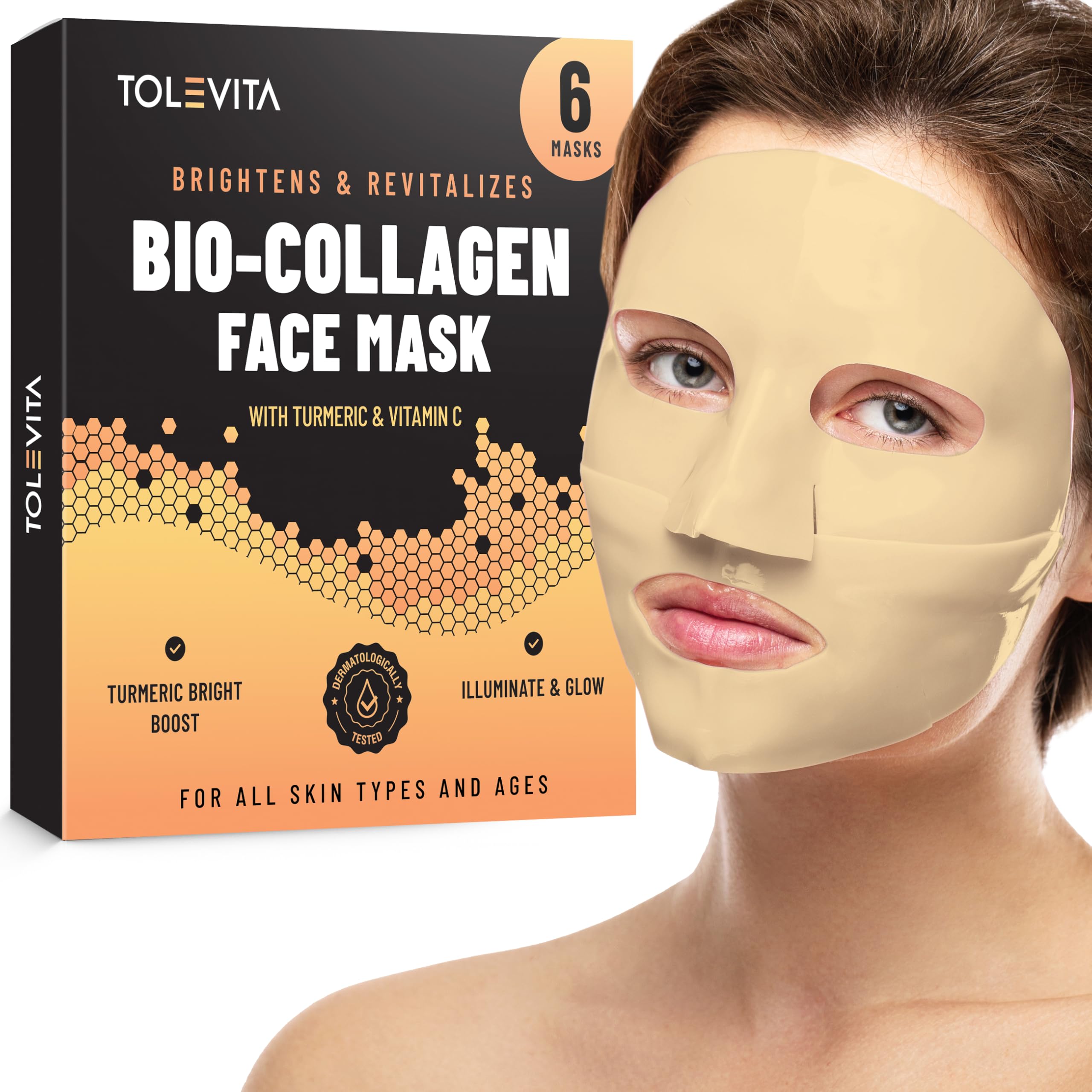 TOLEVITA Bio-Collagen Overnight Sheet Face Mask – Improves Elasticity & Softens Skin, For All Skin Types, 6 Pack (Yellow - Turmeric & Vitamin C)