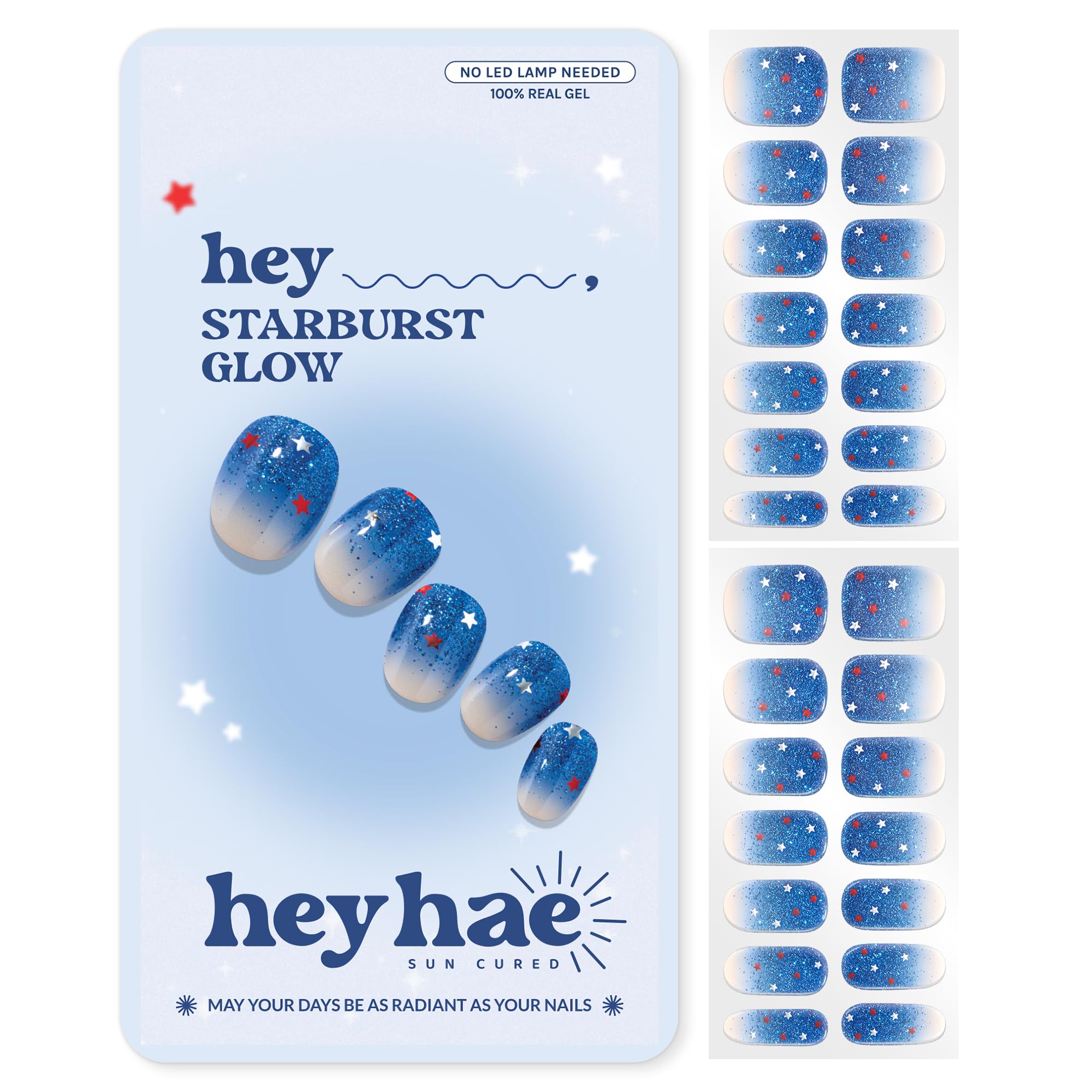 Heyhae Hey, Starburst Glow Semi Cured Gel Nail Strips | No Led Lamp Needed |Blue, Ombre, Glitter | Easy Apply & Remove, Salon Quality | Includes 28 Strips, 2 Prep Pads, Nail File & Wooden Stick