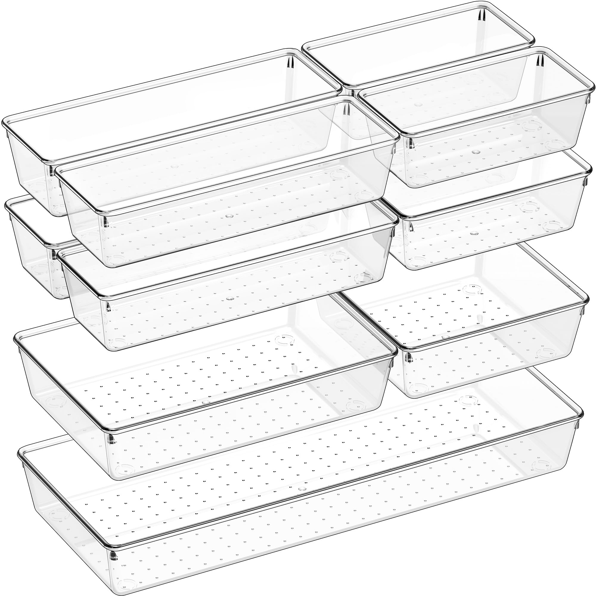 Criusia Set di 11 organizer per cassetti in plastica trasparente, 5 vassoi versatili per cucina e bagno, contenitori antiscivolo per trucchi, utensili, utensili e scrivania da ufficio