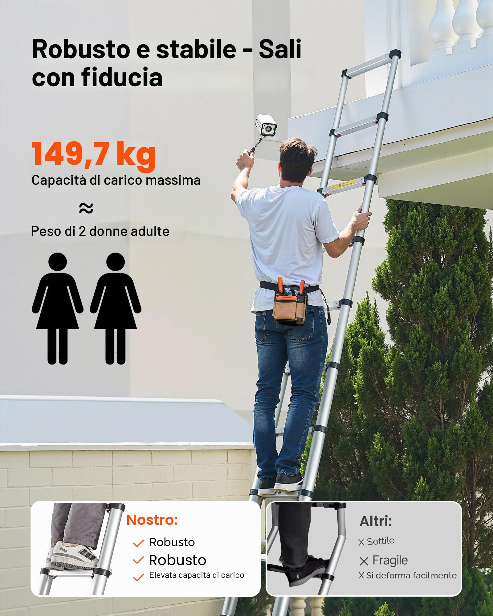 VEVOR Scala Telescopica da 3,8 m, Scala Estensibile Pieghevole Multiuso in Alluminio, Capacità Carico max. di 150 kg con Piedini Antiscivolo, per Casa, Lavori all'Aperto, Soffitta