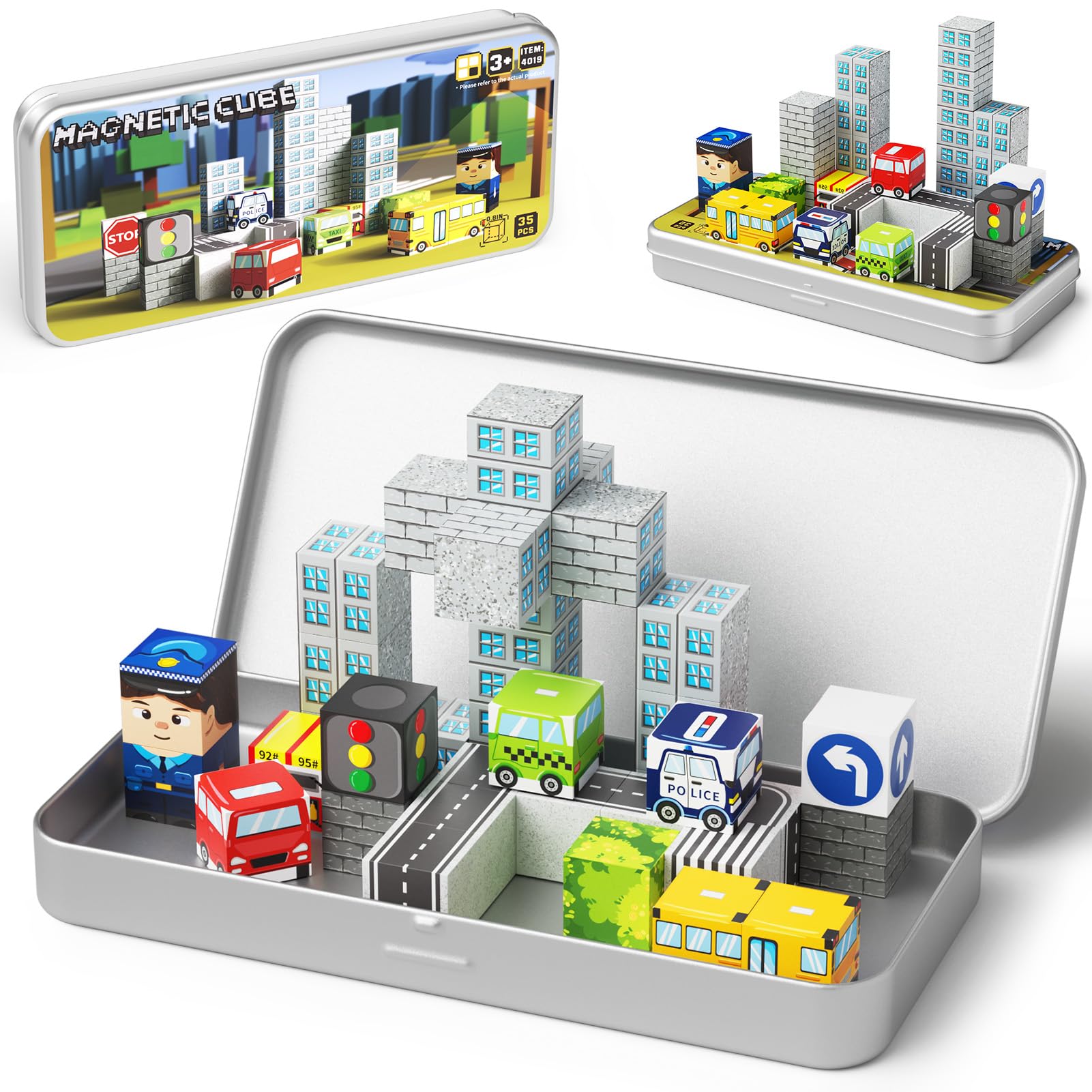 Photo 1 of Gamcrown City Traffic Magnetic Blocks Set, 35PCS STEM Toys for Kids Ages 3-8, Travel Building Toys with Carrying Case, Child-Safe with Fully Encased Magnets, Car/Airplane Toddler Toy Birthday