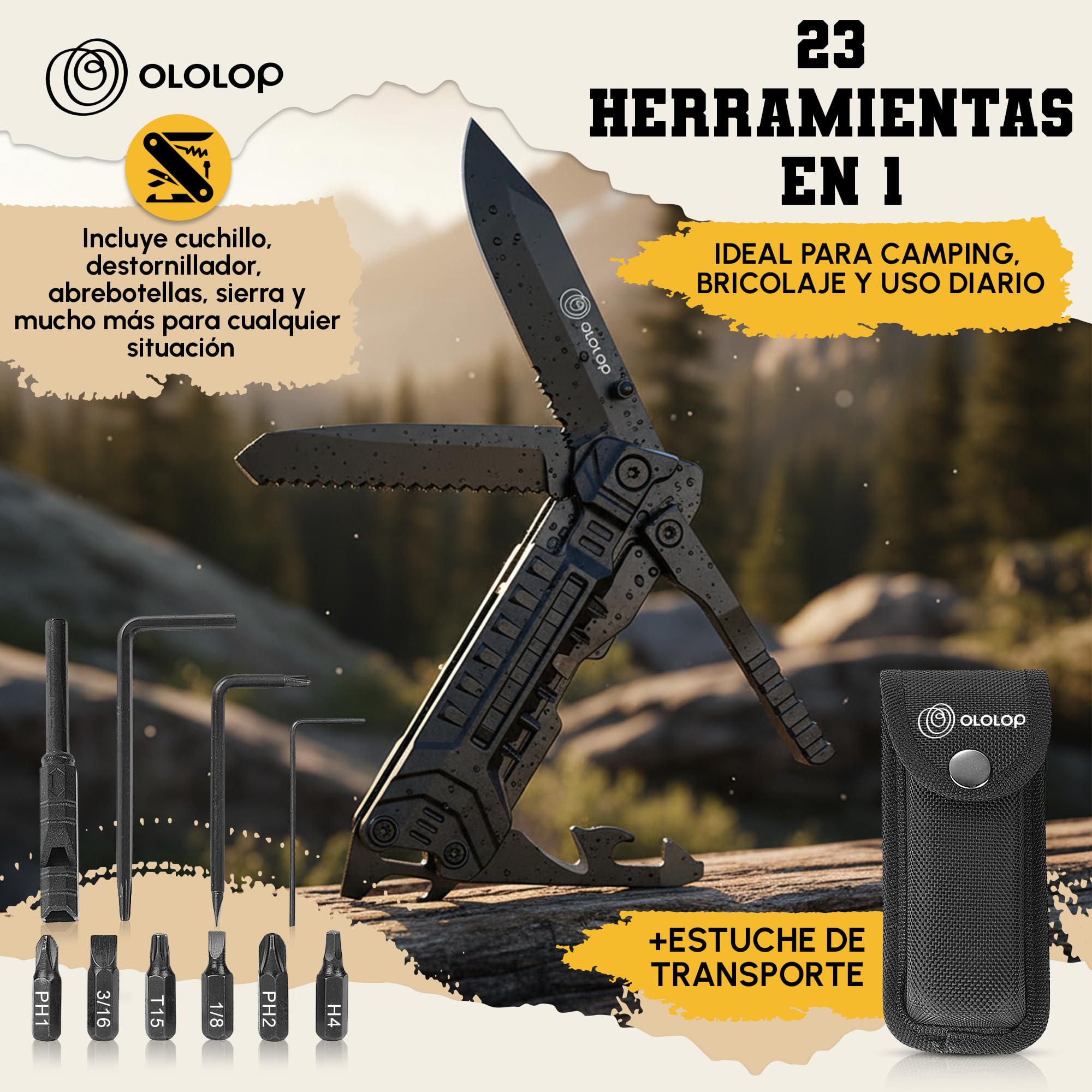 Navaja Multiherramienta 23 en 1 con Funda para Cinturón, Pedernal y Silbato — Acero Inoxidable Resistente para Camping, Senderismo y Emergencias | Ololop® - 3