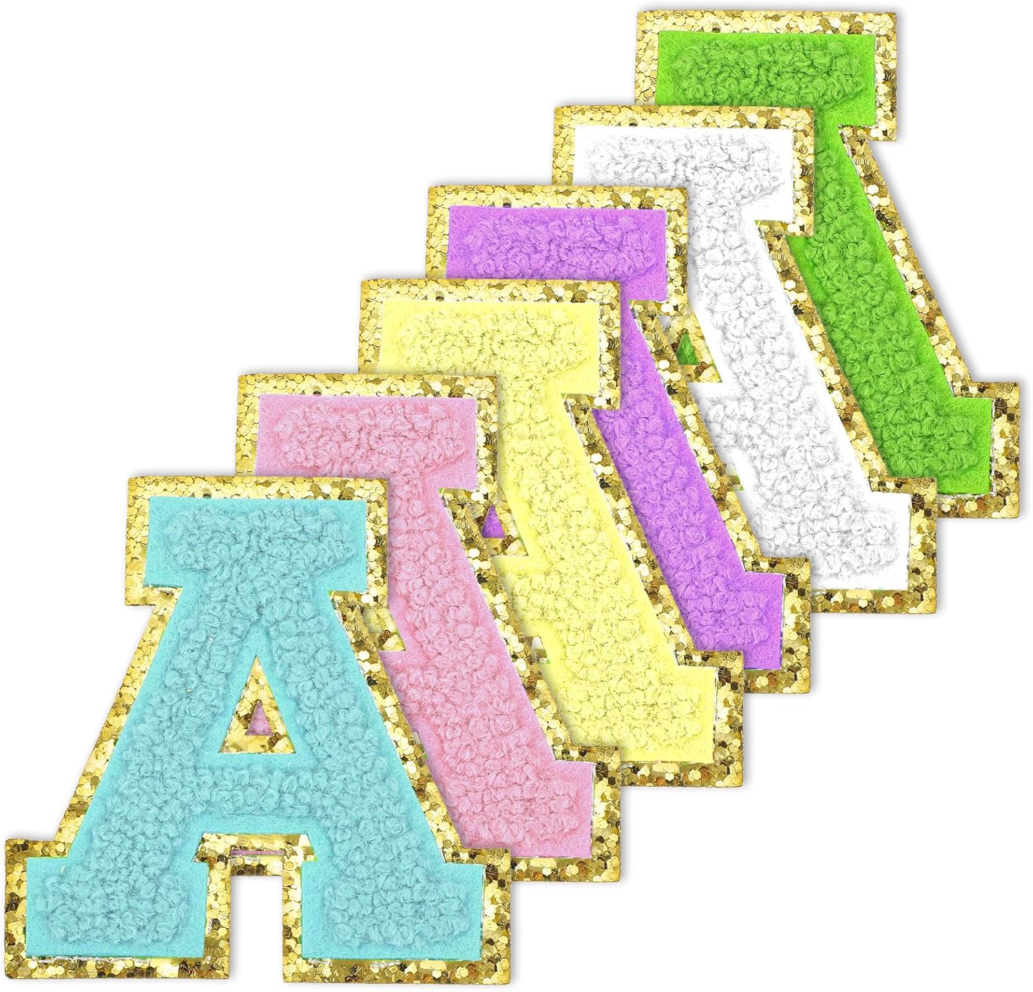 6PCS Self-Adhesive Chenille Letter Patches, 2.56×2.36 In Stick on Varsity Alphabet A Applique Patch Sew on Embroidered Letter Patches Stickers for Clothing Pants Hats Bags DIY Crafts(6 Color)