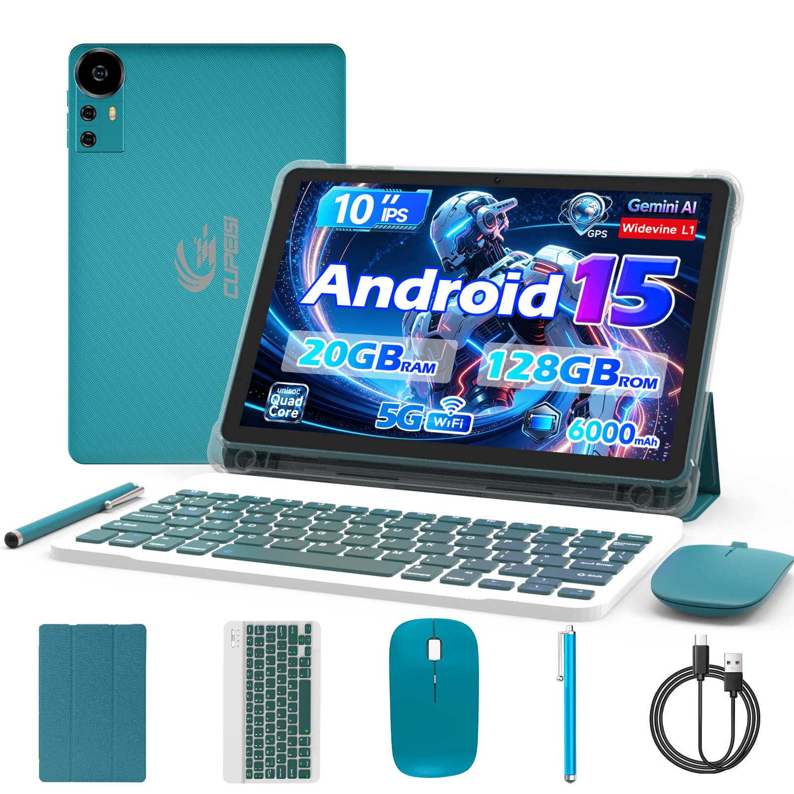 Android 15 Tablet 10 Inch 2-in-1 with Keyboard, Mouse, Case, Stylus