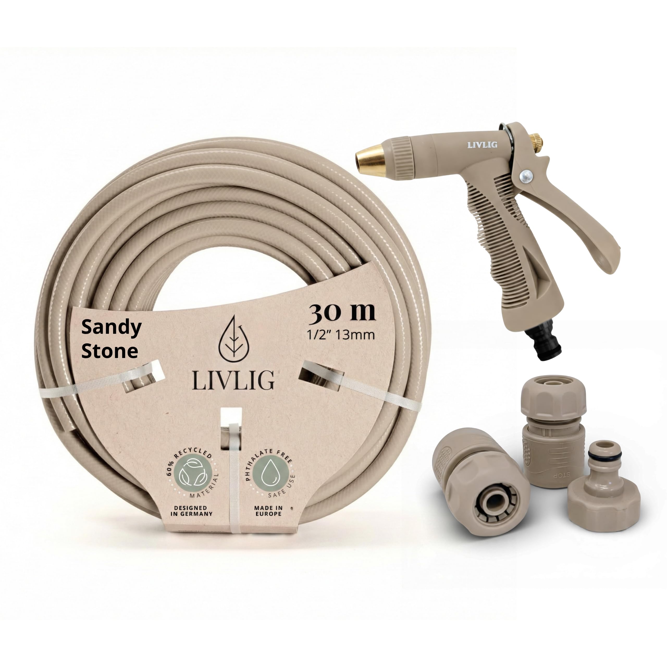 LIVLIG Set tubo 30 m 1/2" – tubo anti‑piegatura e UV con pistola e raccordi (G3/4, stop 1/2, rapido) – Beige