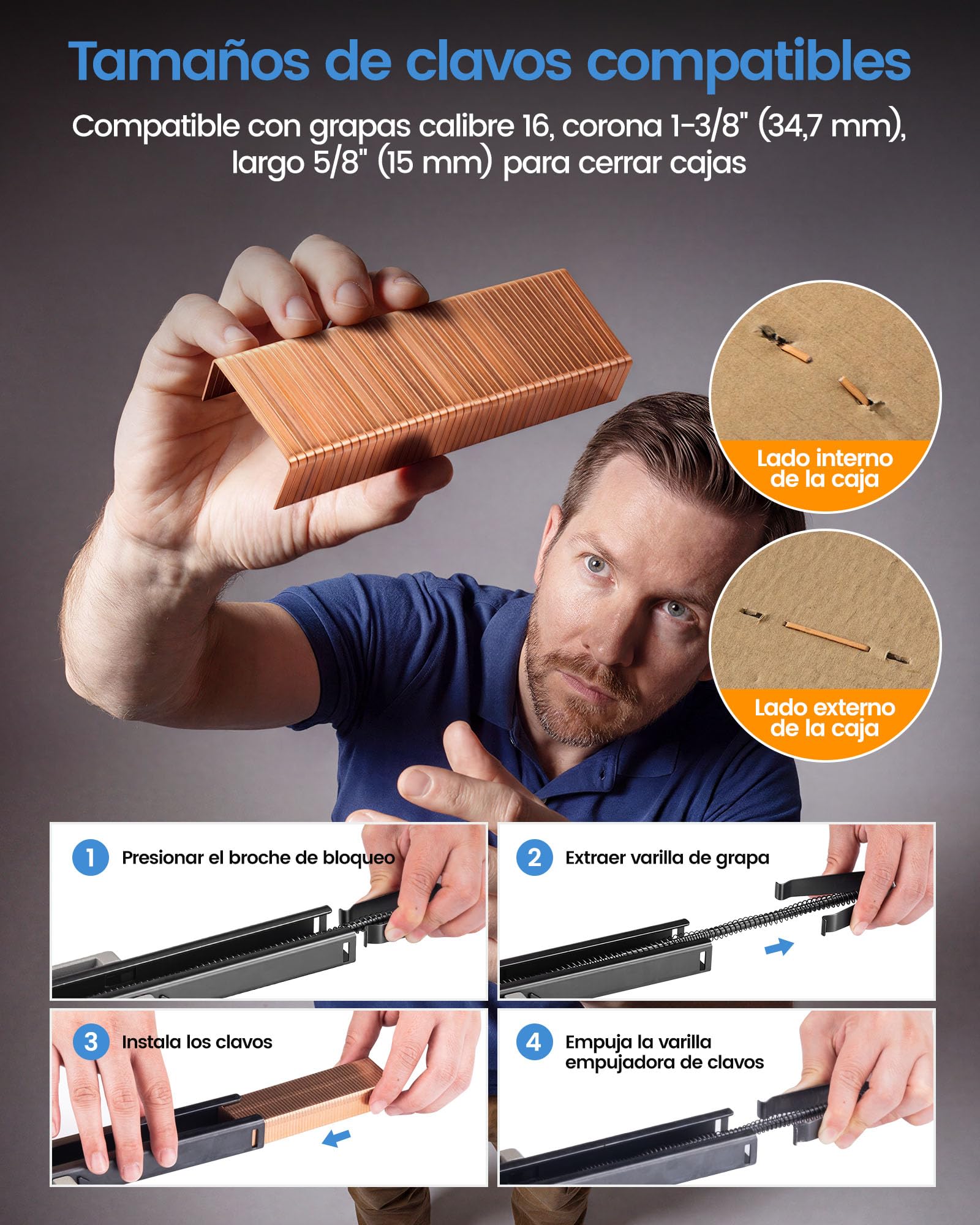 meite Grapadora Manual para Cajas HB3515 con 2.000 Grapas, Cerradora de Cartón Calibre 16, Corona de 34,7 mm, Pata de 15 mm, para Embalaje de Cartón Ondulado, Ajuste de Profundidad de 1–8 mm