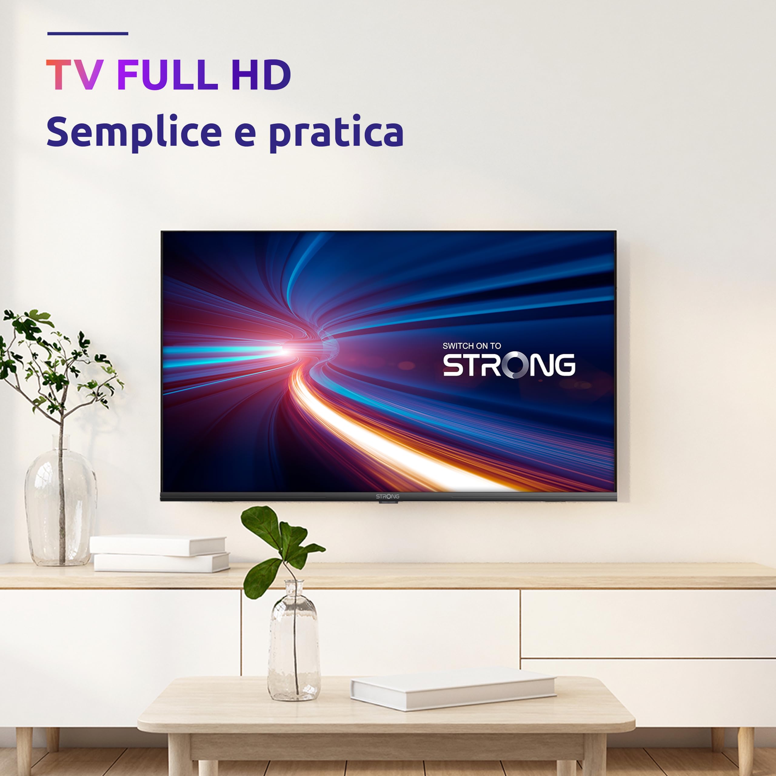 Strong SRT40FF2003C tv 40 pollici stand centrale hotel mode semplice da usare. Con Decoder digitale terrestre T2 incorporato. Possibile sistemazione su superfici ristrette o a muro, nero