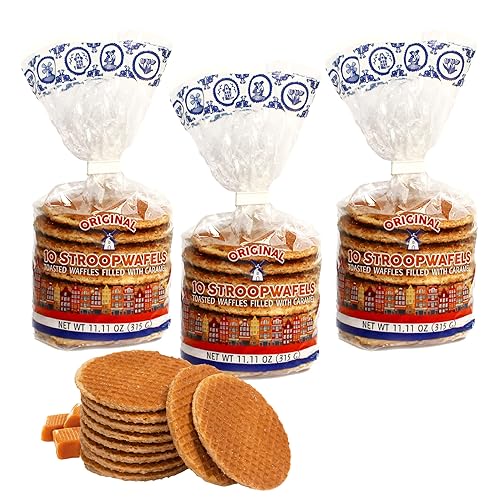 Le Chic Patissier 30 Stroopwafels de caramelo y vainilla tostados suaves paquete de 3 (11.11 onzas cada uno) Receta original de gofres de caramelo