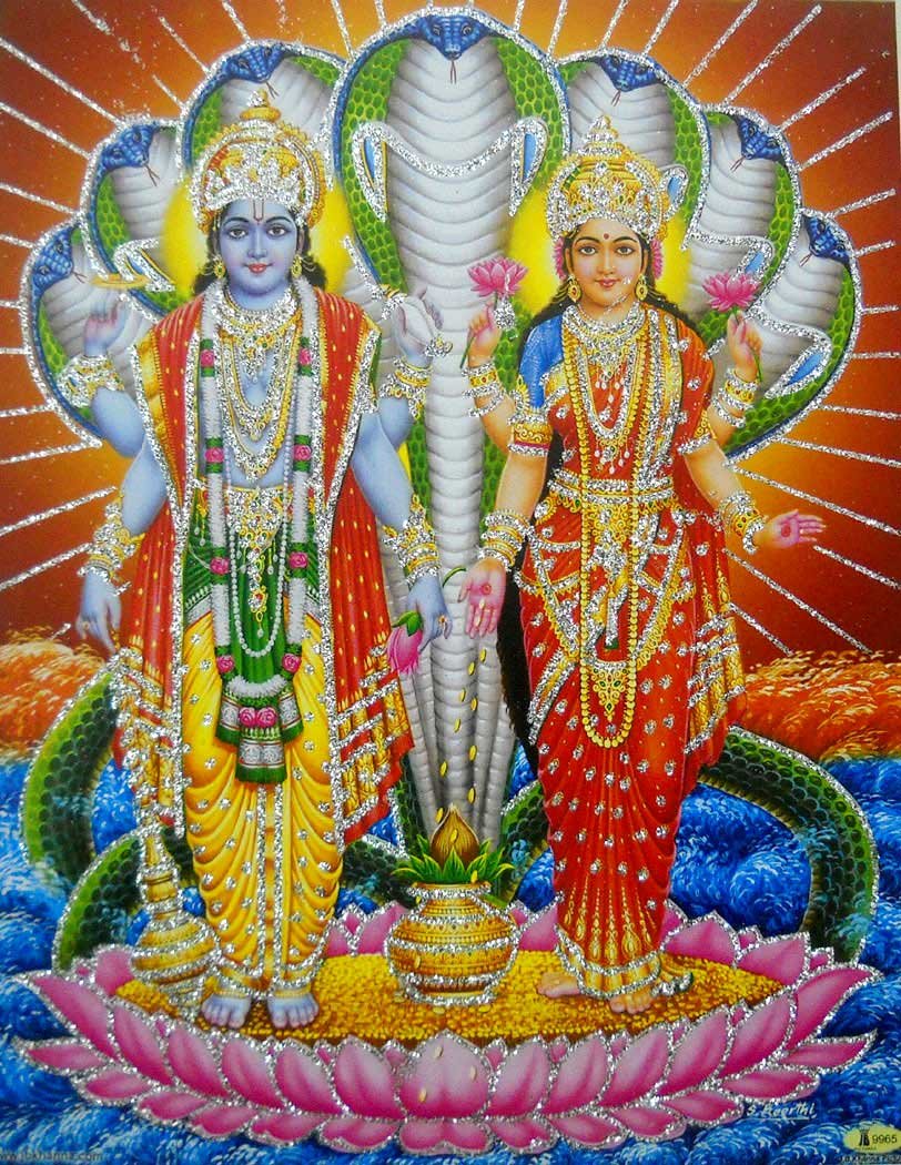 Crafts of India Lord Vishnu and Goddess Lakshmi/Hindu God Poster with Glitter -reprint on paper (Unframed : Size 9"x11" Inches)