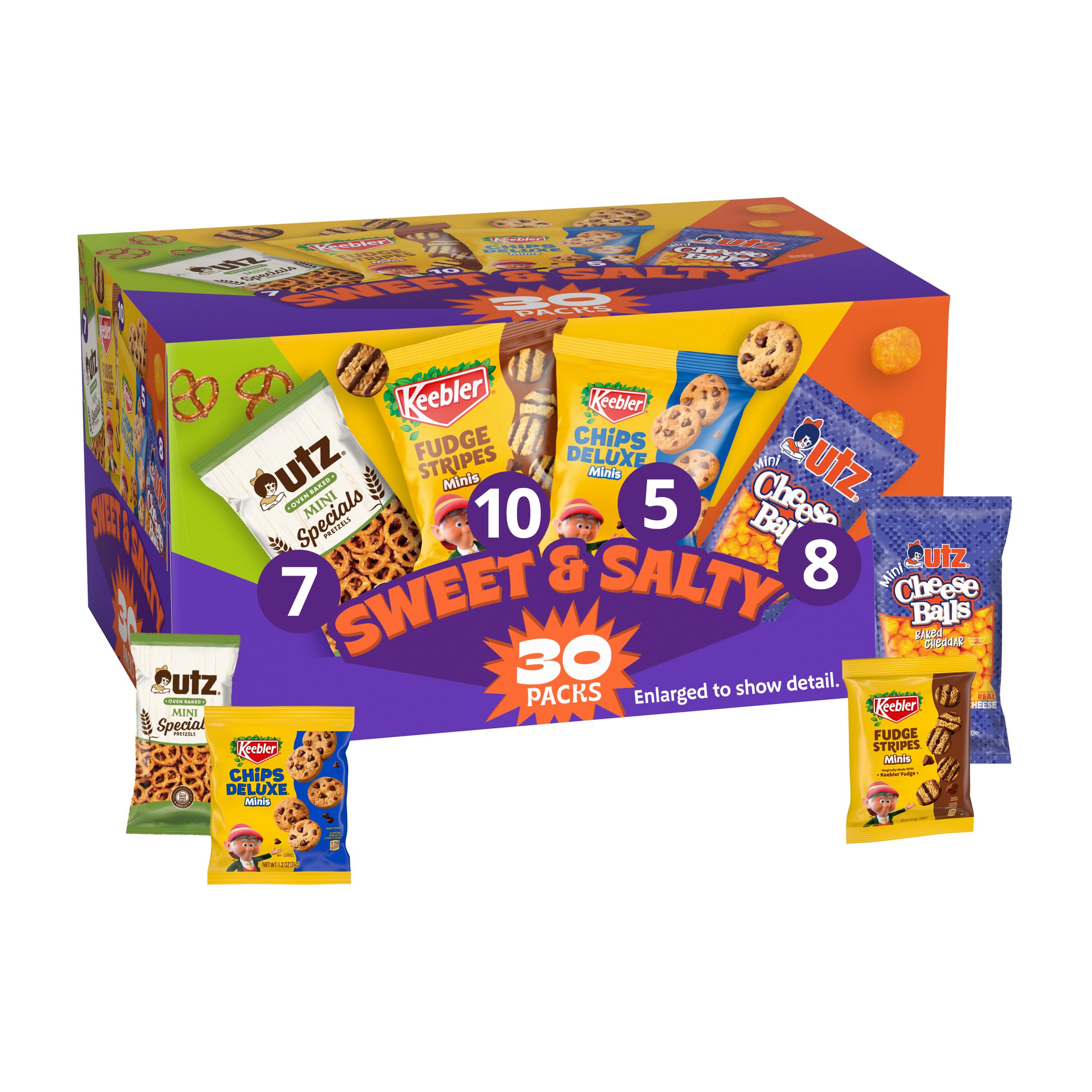 Sweet & Salty Variety Pack, 30-Count Box, Includes Keebler Chips Deluxe, Fudge Stripes, Utz mini Pretzels and Cheese Balls, 31 oz