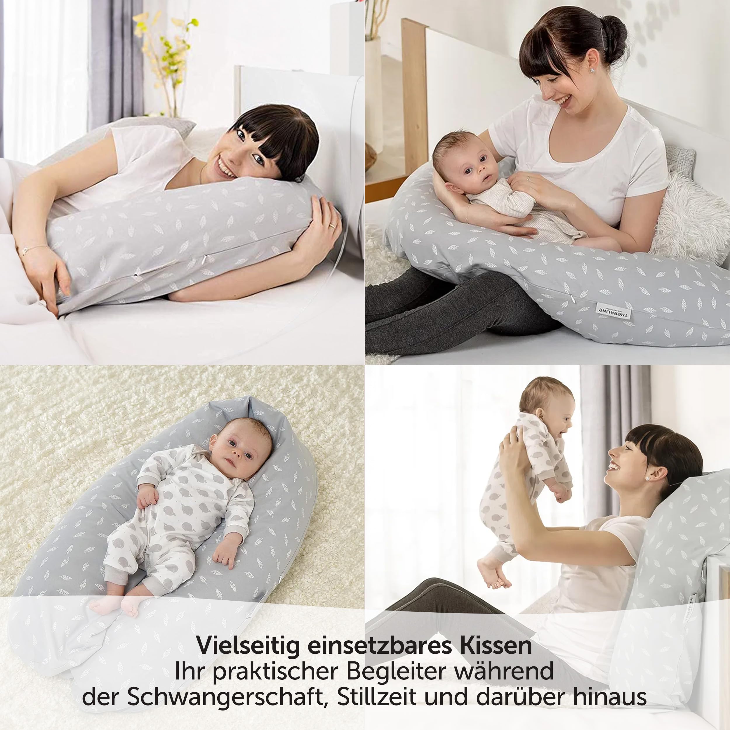 Theraline Das Original Stillkissen & Schwangerschaftskissen - 190cm inkl. Bezug aus 100% Baumwolle - Füllung aus leisen EPS-Perlen - Lagerungskissen, schadstoffgeprüft - Blätter Grau Weiß