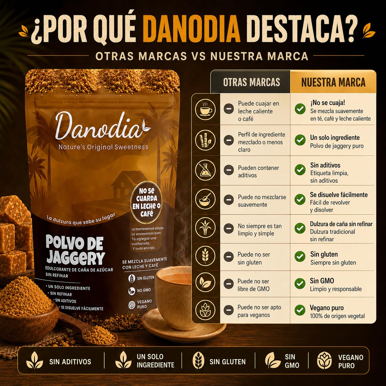 Danodia Foods Jaggery en Polvo 950 g / 2 lb, Endulzante Tradicional en Bolsa Resellable, Especialmente Formulado para Leche, Té, Café, Postres y Cocina Diaria