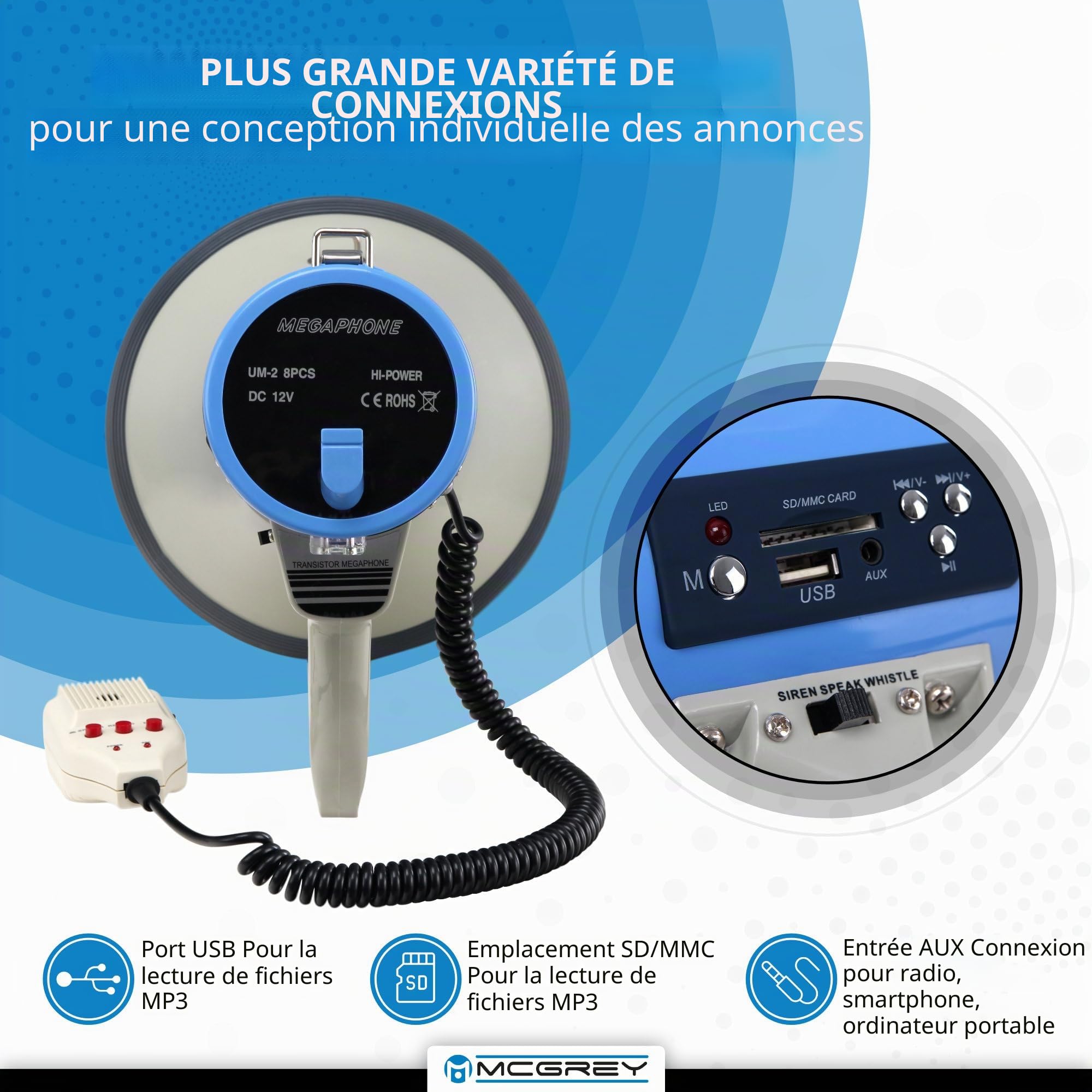 McGrey MP-800HRS USB/SD mp3 mégaphone, Max. 80 Watt, 1000 m