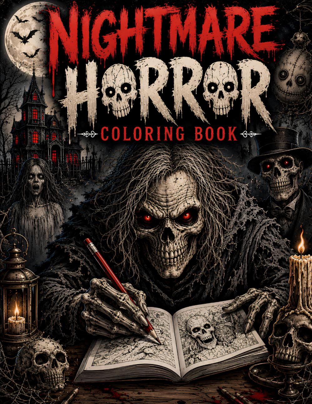 Nightmare Horror Coloring Book: 110 Creepy Monsters, Haunted Creatures, Skeletons and Dark Fantasy Scenes to Color