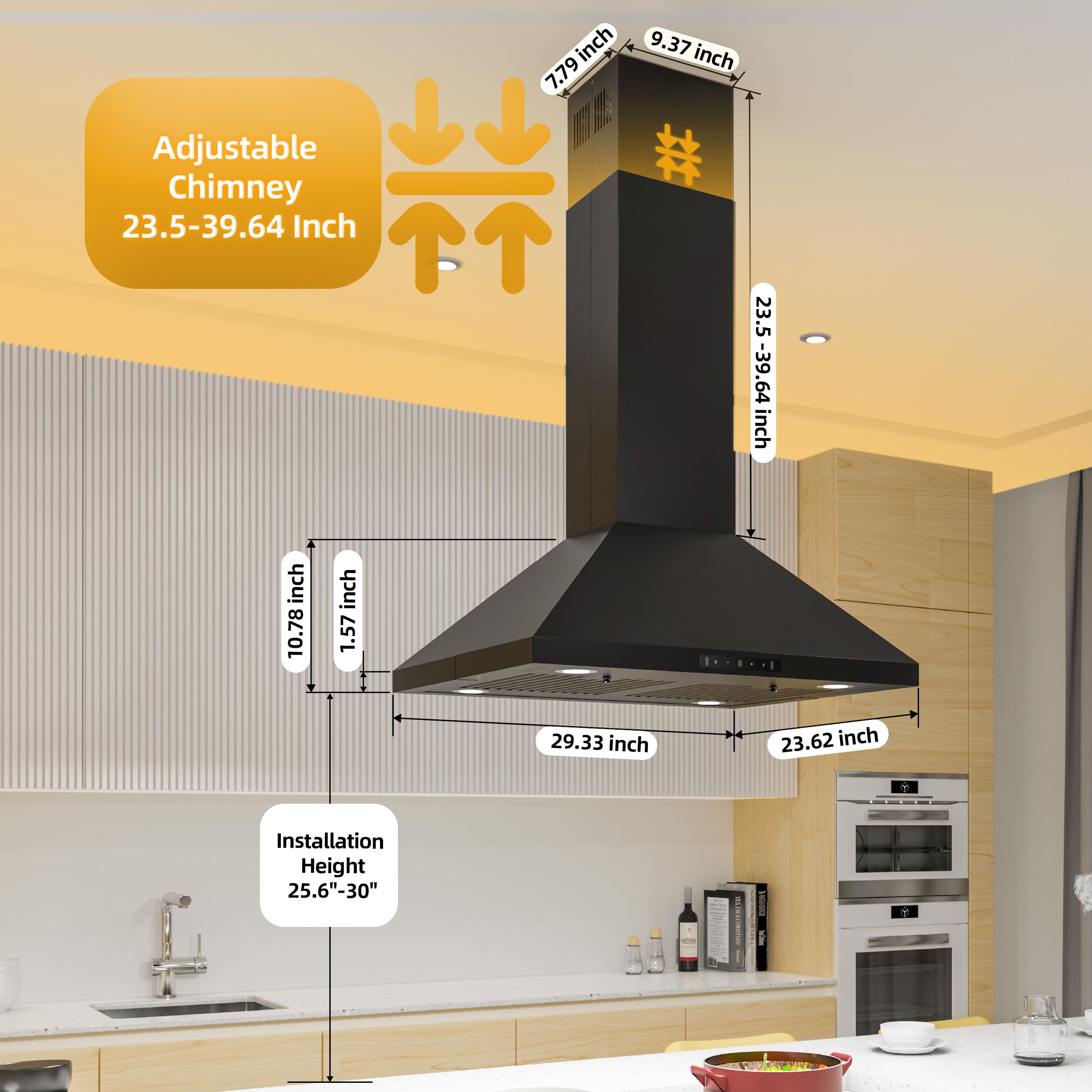 Campana extractora Island Mount de 30 pulgadas, 700 CFM con conductos o sin conductos, campana de cocina convertible, estilo pirámide, campana extractora de montaje en techo con detección de 3