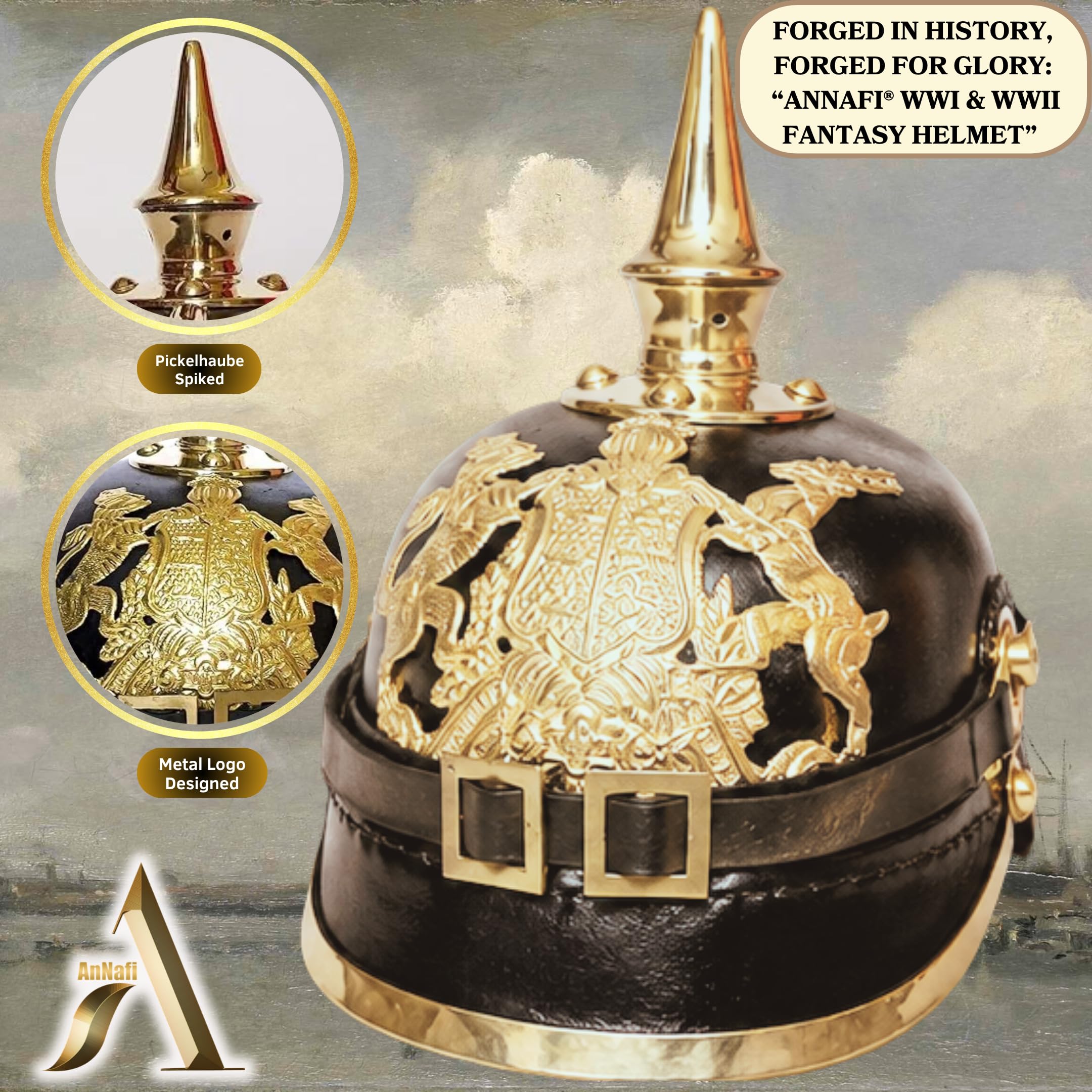 AnNafi® WWI & II Alman PICKELHAUBE Hessen Spike Kask | Deri Prusya