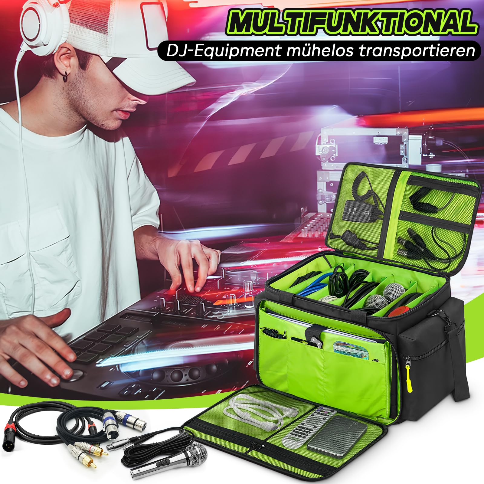 SUNDOY DJ - Bolsa organizadora de Cables con Base Acolchada extraíble y divisores, para Equipo de DJ, Cables de Audio y Accesorios de música, Negro, 45.7 x 31 x 35.6-cm, Tejido Impermeable