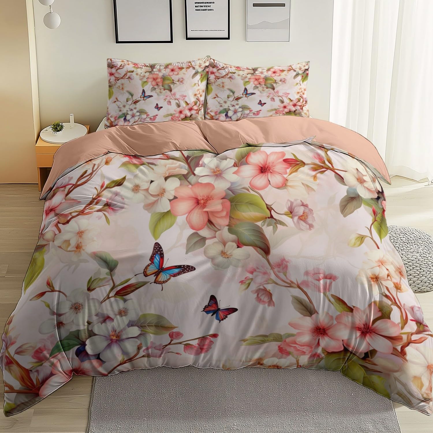 Set copripiumino matrimoniale con stampa retrò con foglie, fiori e farfalle, arancione chiaro, in microfibra spazzolata, ipoallergenico, morbido, reversibile, con 2 federe
