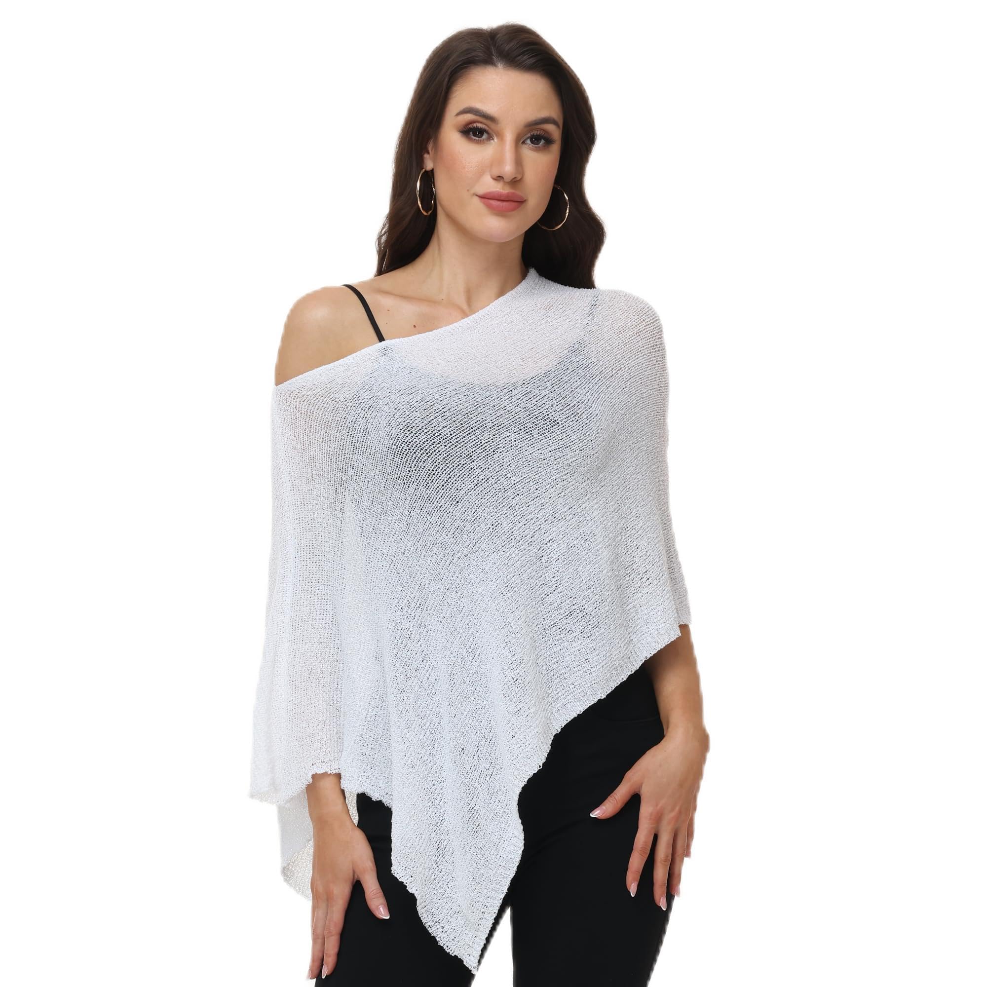 Ladiery Women's White Sheer Poncho Top Swimsuit Cover Up - Asymmetrical Shrug For Evening Dresses, Formal Beach & Resort Cape (White)