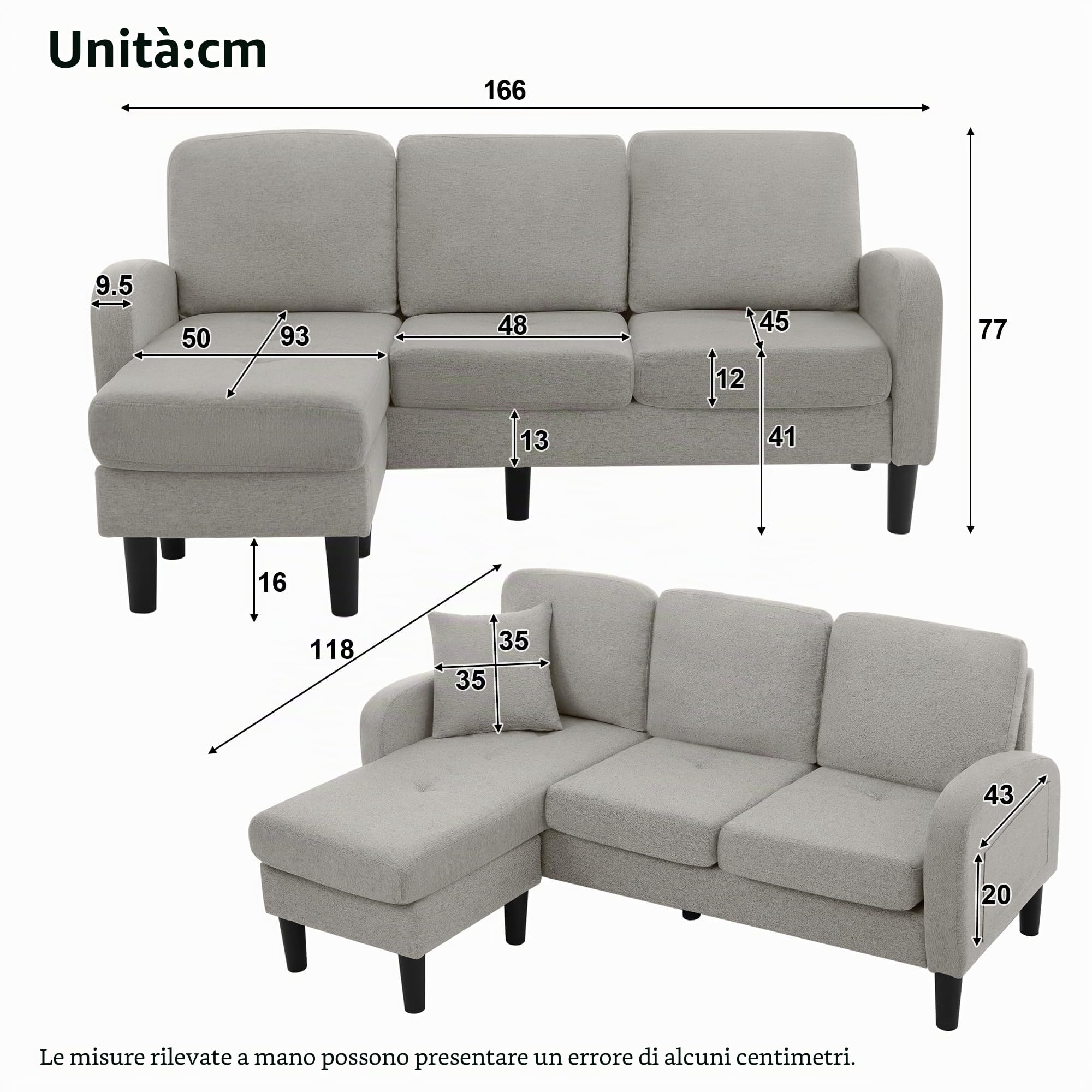 MURUL Divano angolare a forma di L con chaise longue, divano a 3 posti, tessuto di lino di cotone traspirante, per appartamenti e uffici, gambe in plastica, design modulare, ideale per soggiorno