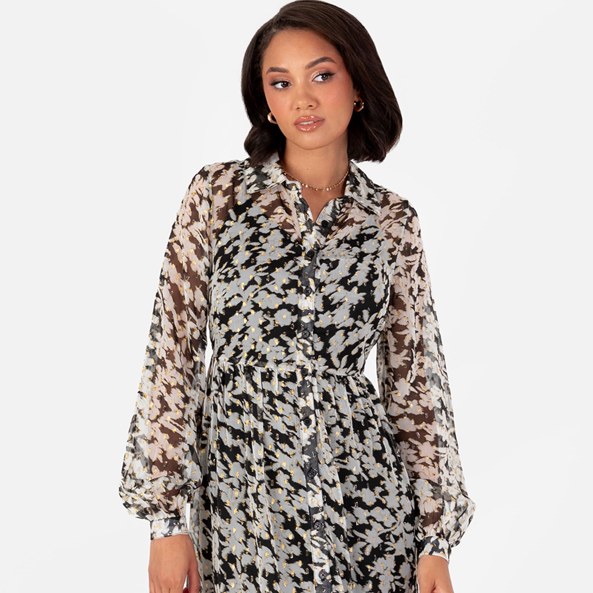 Lovedrobe Women's Midaxi Dress Ladies Shirt Collar Long Sleeve Floral Elasticated Waist Gold Texture Smart Casual Office Wear Vestido, Negro, 54 Mujeres