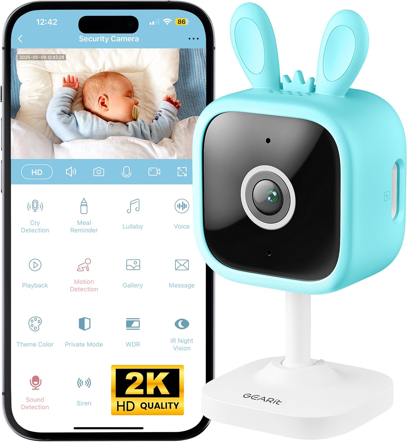 GEARit Baby Monitor with Camera & Audio 2K Video with Motion & Crying Detection, 2 Way Audio Easy Wi