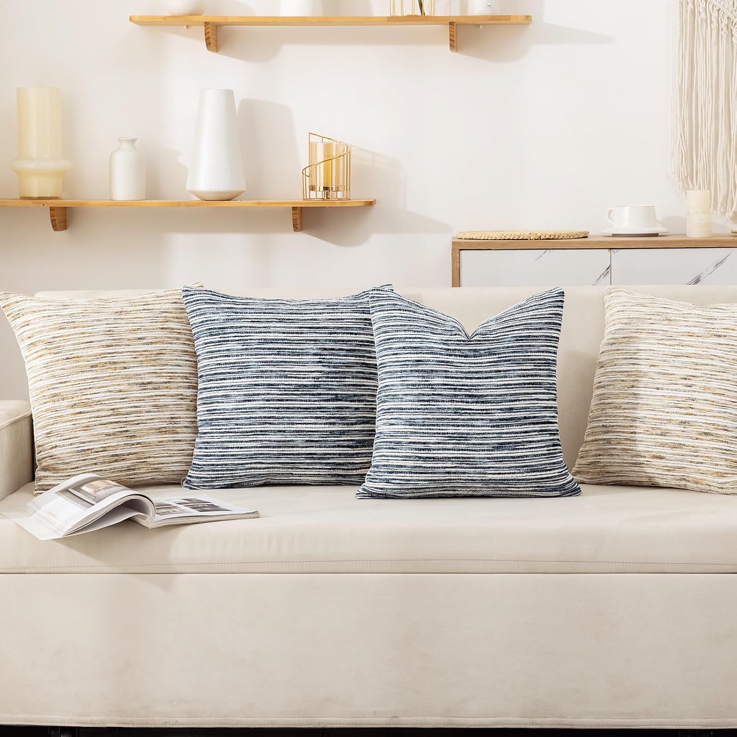 Boho Pillow Covers 18x18 Set of 2 Geometric & Striped Pillow Covers-Hand-Tufted Textured Pillowcases-Farmhouse Linen Decorative Throw Pillows for Sofa, Couch, Bed, Chair, Living Room, Blue