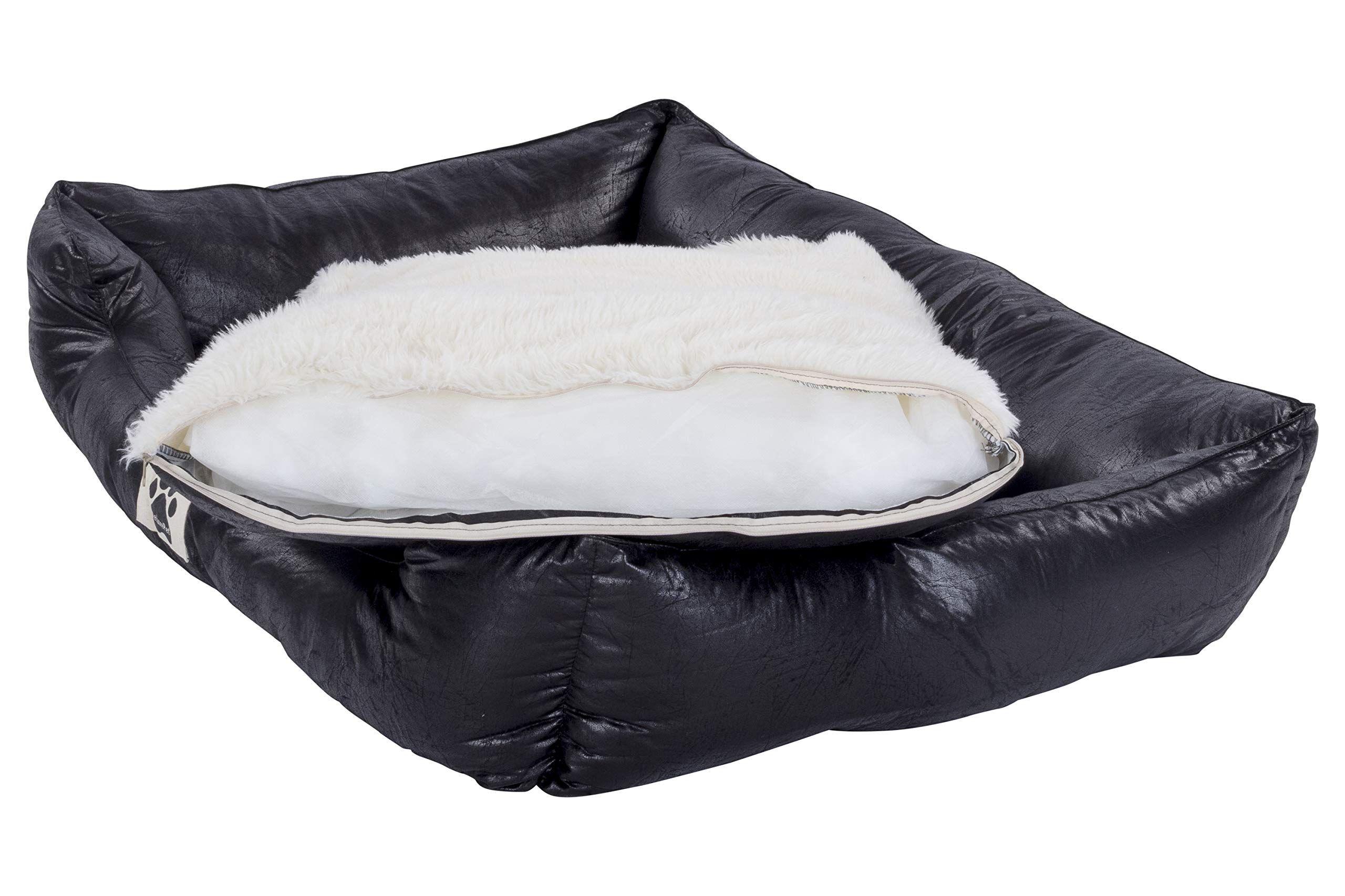 DeluxePet 'Schlummer' Hundebett schwarz 120x80 aus Kunstleder mit 2in1 Wendekissen, Hundekissen für große Hunde mit einer Fell und Leder Seite, Seiten weich gepolstert, Anti-Rutsch Rückseite
