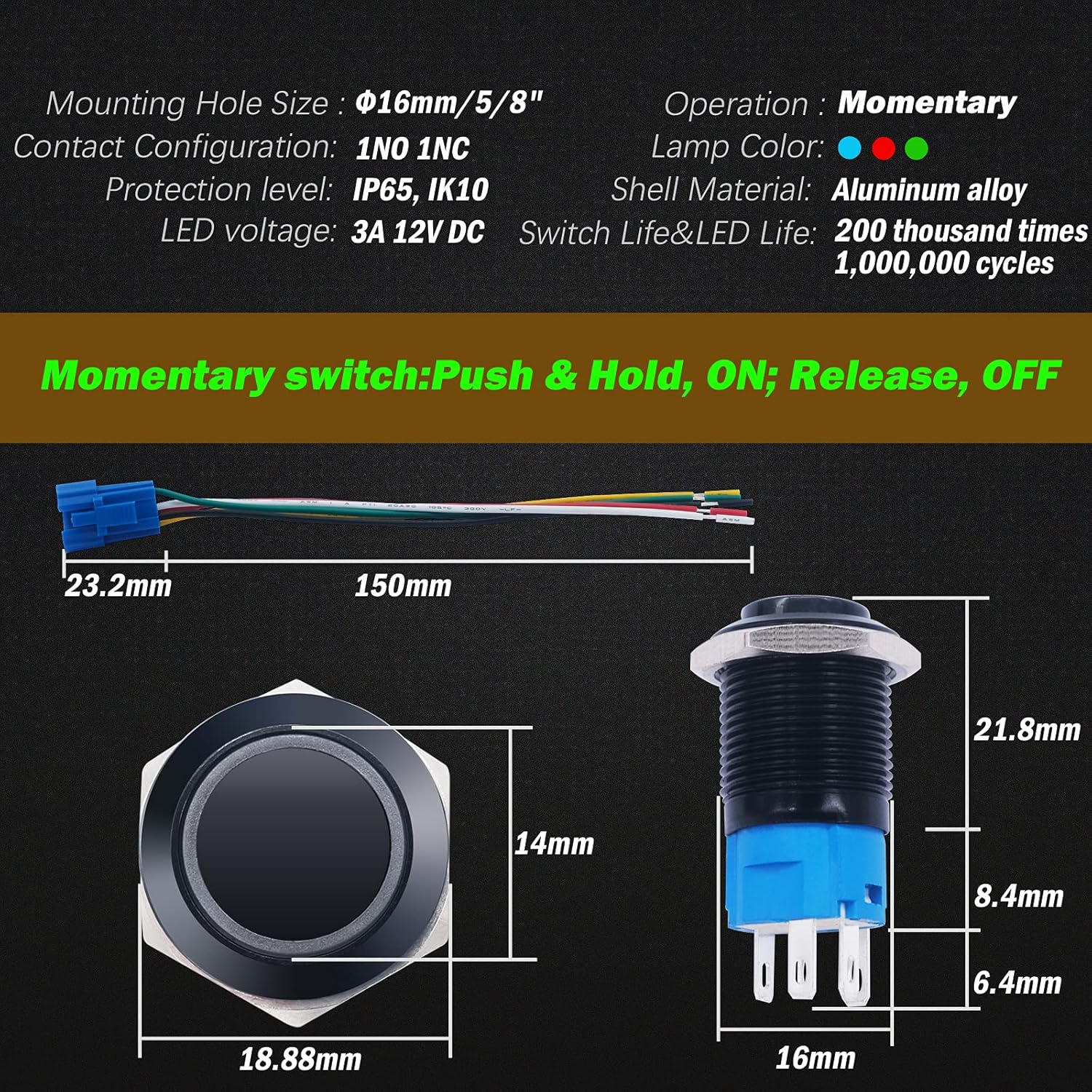 Flаѕh Dеаlѕ - 60% оƒƒ mxuteuk 16mm High Round Cap Momentary Push Button Switch 1 NO 1 NC SPDT ON/Off Black Metal Shell with 12v Blue LED Ring with Wire Socket Plug Suitable for 5/8 Mounting Hole GM-16-O-B-BU Bеѕt Cуbеr Mоndау 🔥 mxuteuk 16mm High Round Cap Momentary Push Button Switch 1 NO 1 NC SPDT ON/Off Black Metal Shell with 12v Blue LED Ring with Wire Socket Plug Suitable for 5/8 Mounting Hole GM-16-O-B-BU