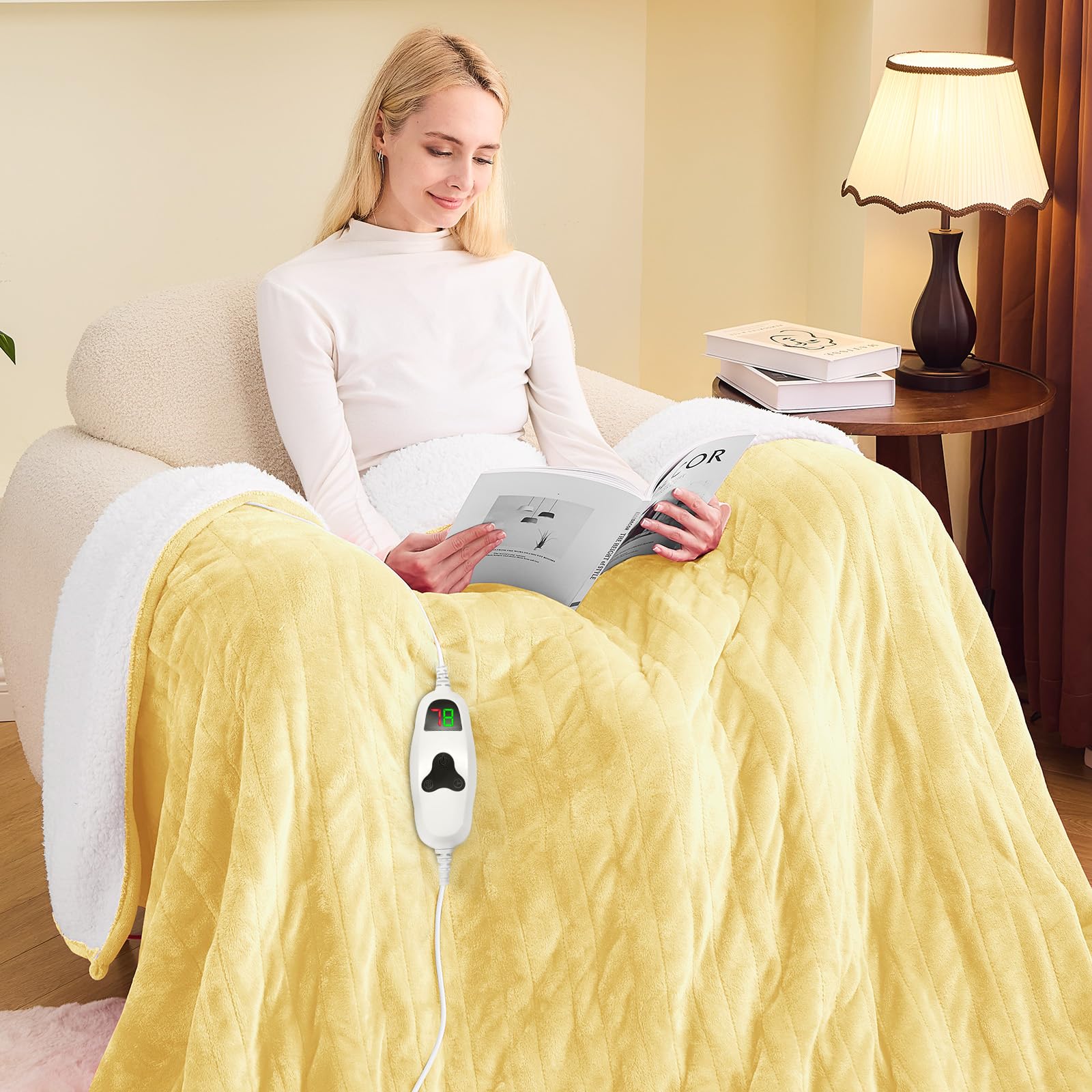 greenoak Heated Blanket Electric Full 72"X84", Heating Blankets with 10 Heat Levels /8 Hours Auto-Off Overheat Protection, Soft Flannel Sherpa Fluffy House Warming GIF, ETL Certified Cream Yellow