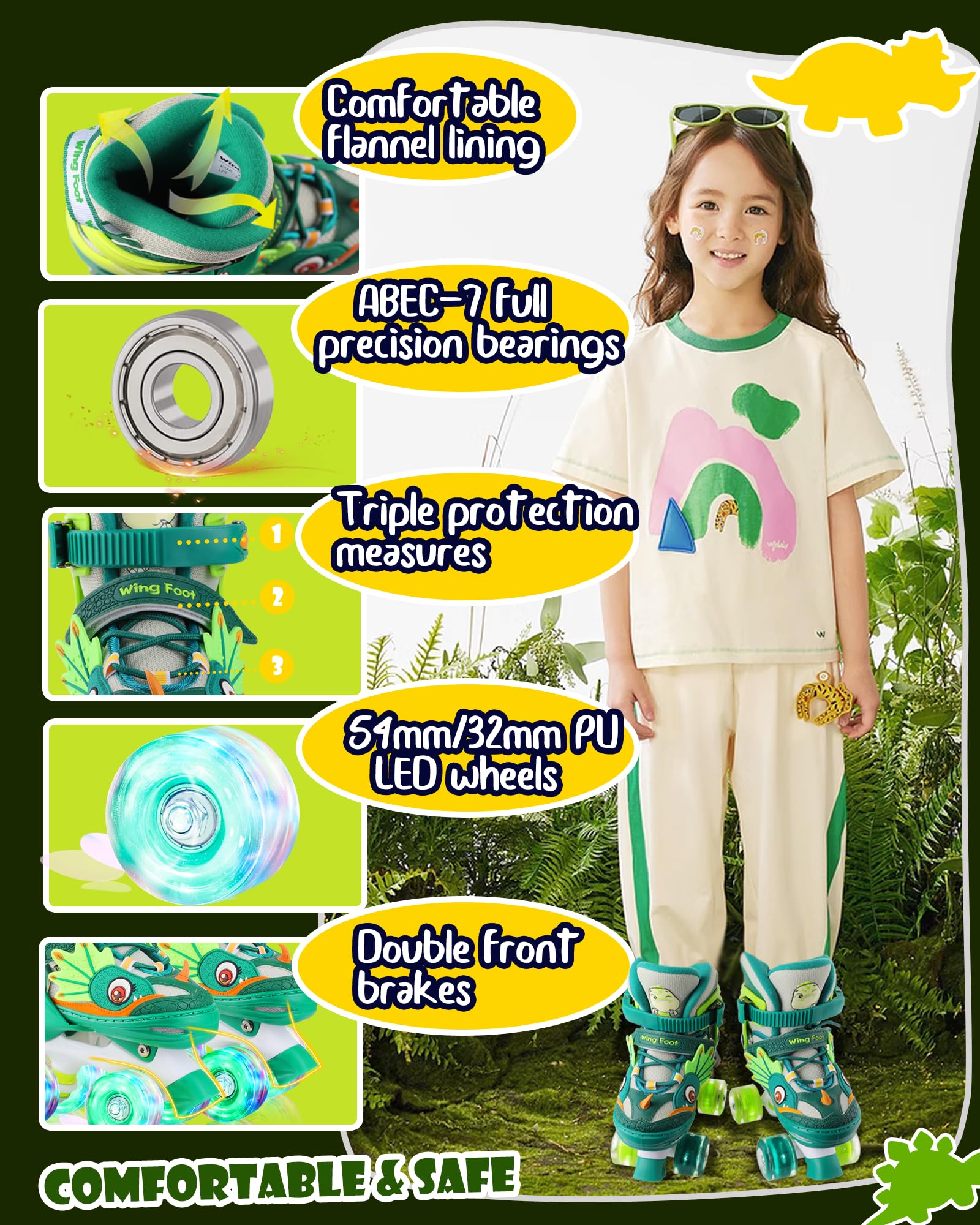 Pattini a Rotelle Bambina Dinosauro Regolabili con Ruote LED Rosa XS/S/M