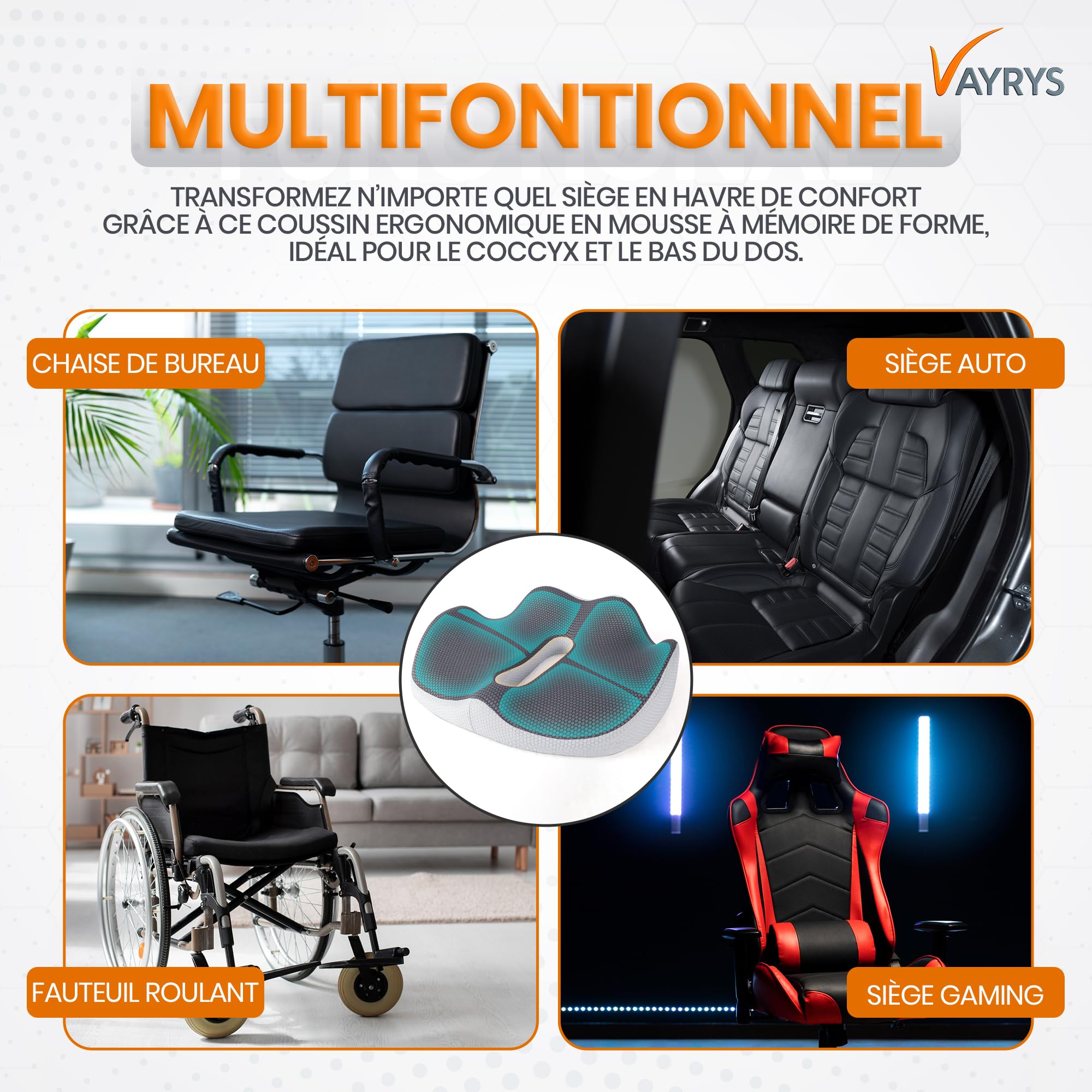 Coussin Ergonomique Assise – Mousse Mémoire de Forme – Coccyx, Bureau, Voiture – Soutien Lombaire, Respirant, Housse Amovible (Gris)