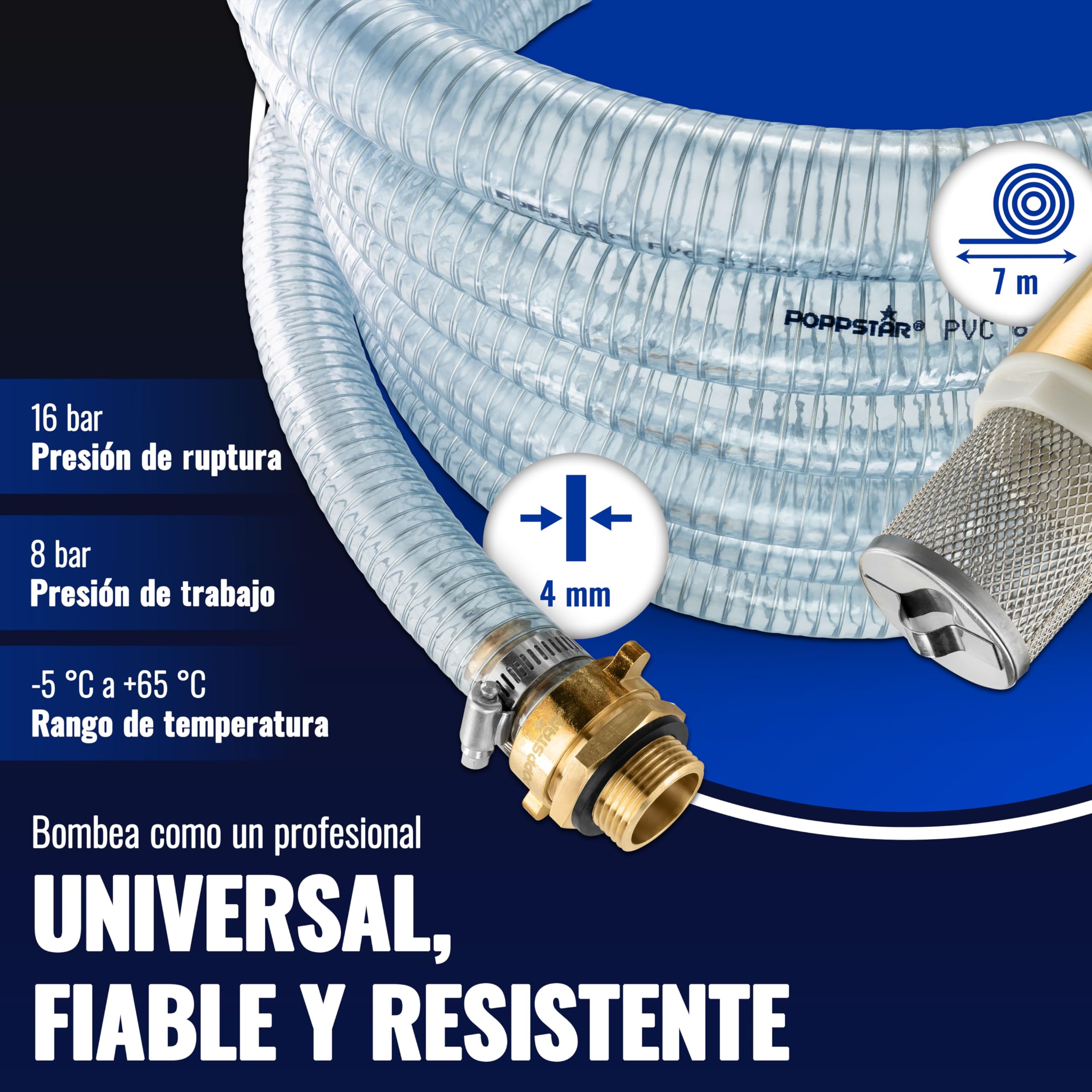 Manguera aspiración 1" 7m, diám. int./ext. 25/33mm, grosor pared 4mm, incl. cesta aspiración inox con válvula retención, tuerca unión 1 1/4" (41,9mm) diám. int. y reductor diám. ext. 1" (33,3mm)
